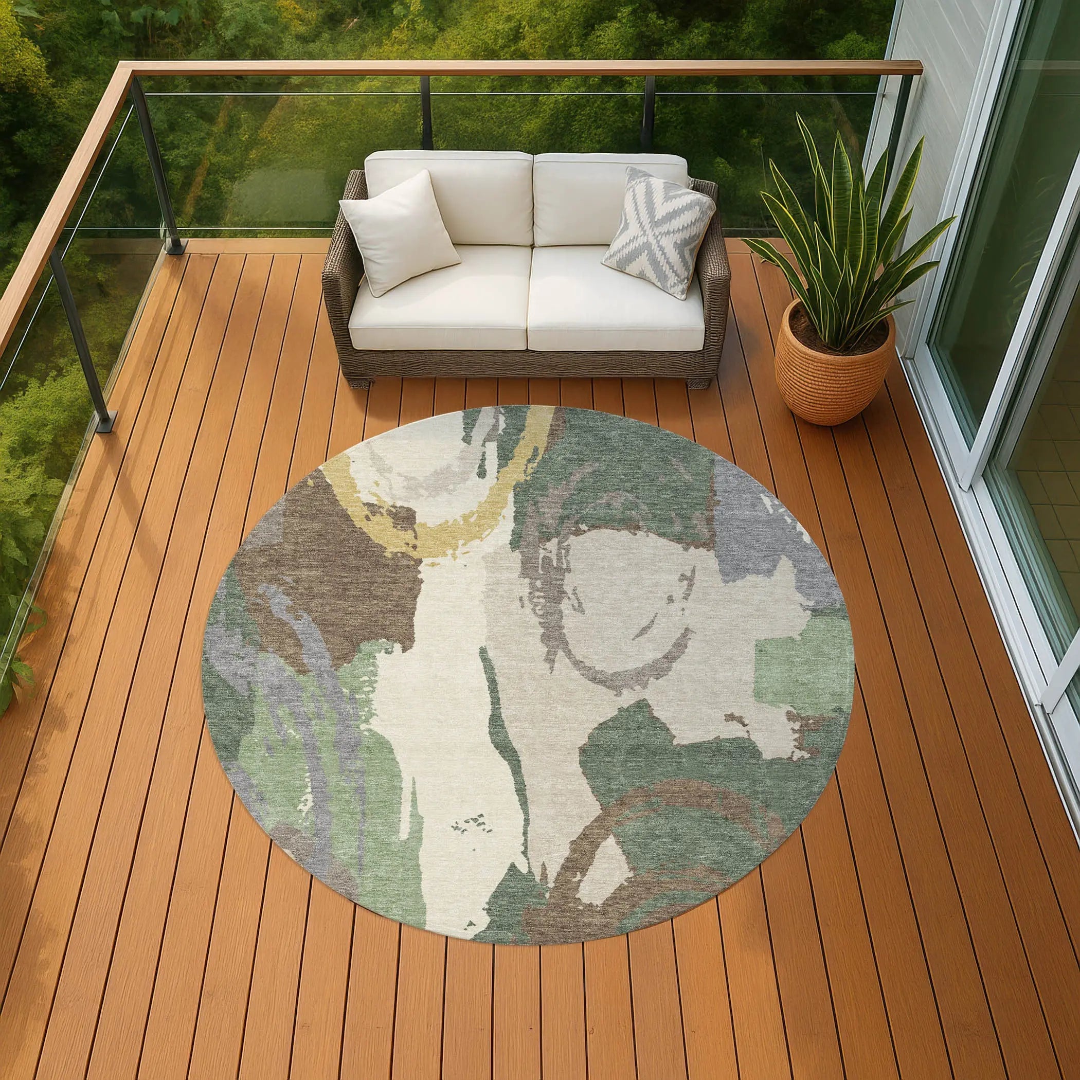 8' Green And Denim Blue Round Abstract Washable Indoor Outdoor Area Rug Homeroots Outdoor