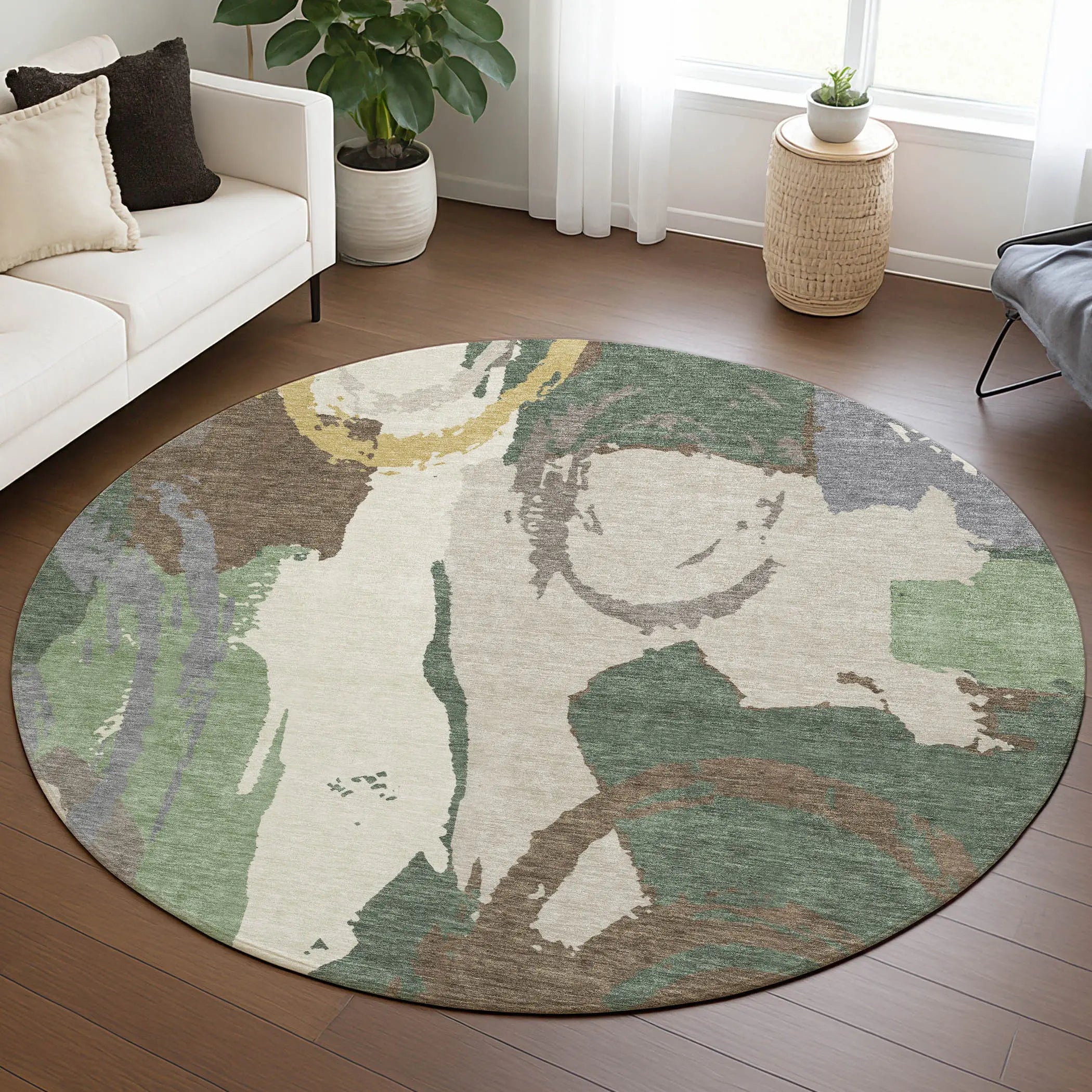 8' Green And Denim Blue Round Abstract Washable Indoor Outdoor Area Rug Homeroots Outdoor