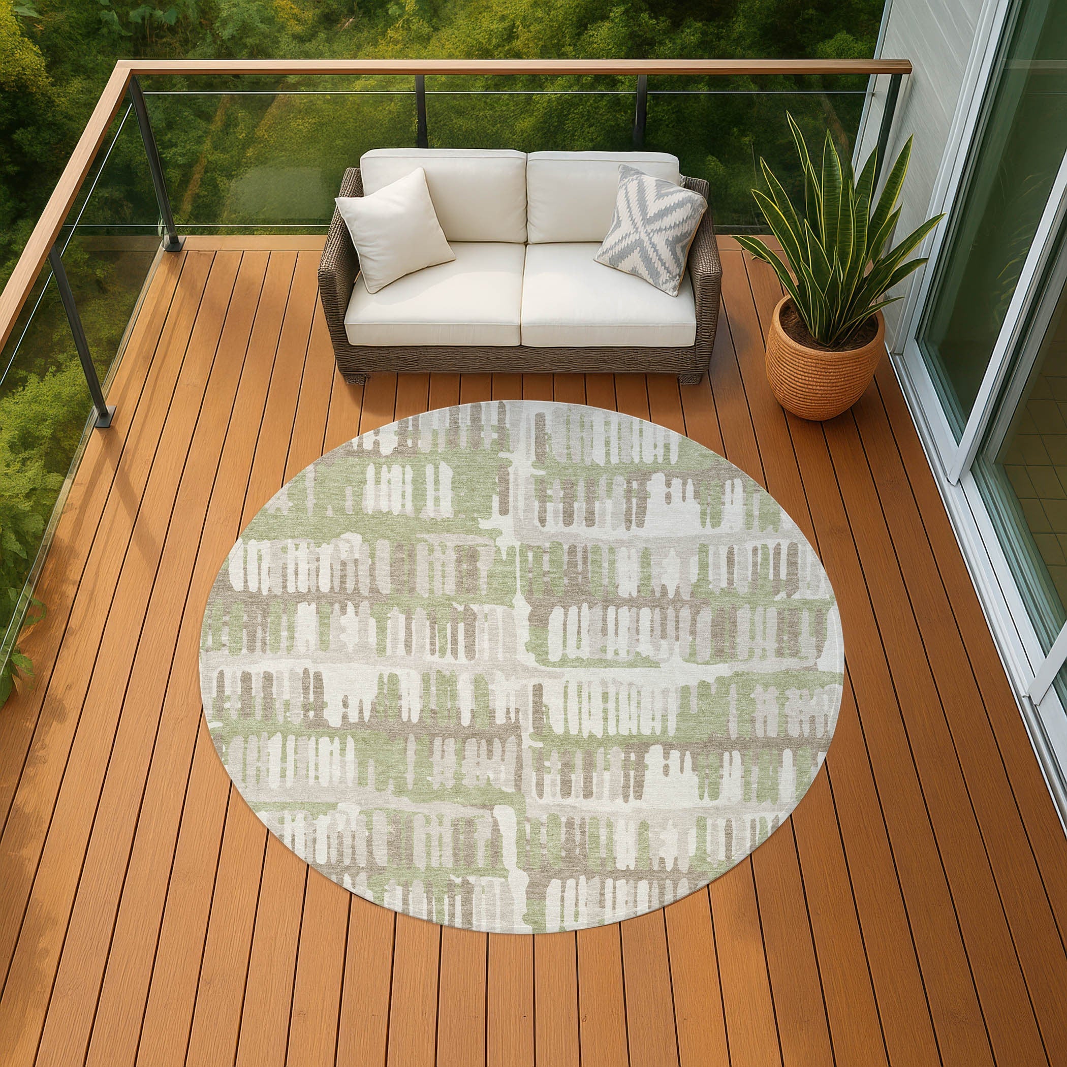 8' Green And Denim Blue Round Abstract Washable Indoor Outdoor Area Rug Homeroots Outdoor