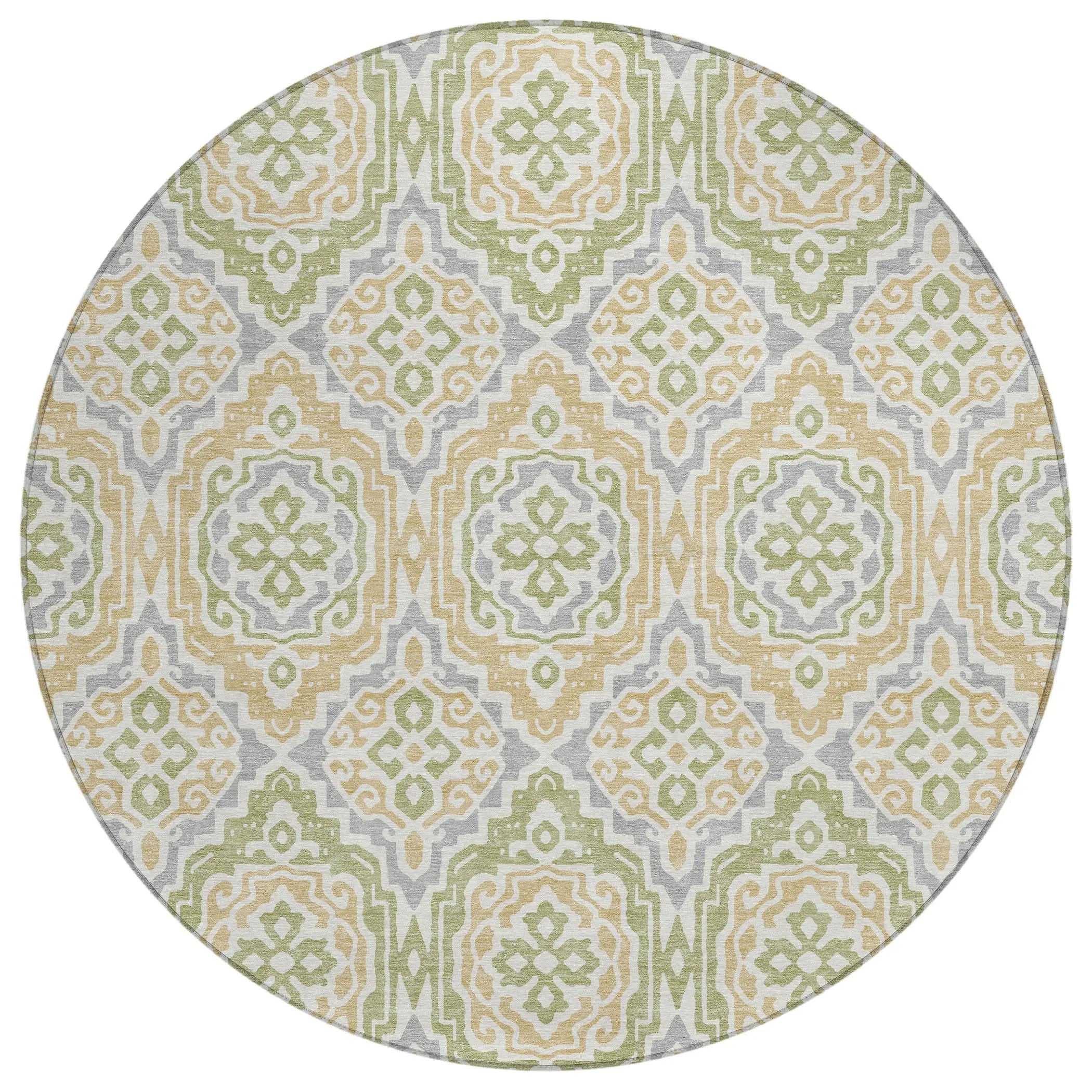 8' Green And Denim Blue Round Tribal Washable Indoor Outdoor Area Rug Homeroots Outdoor