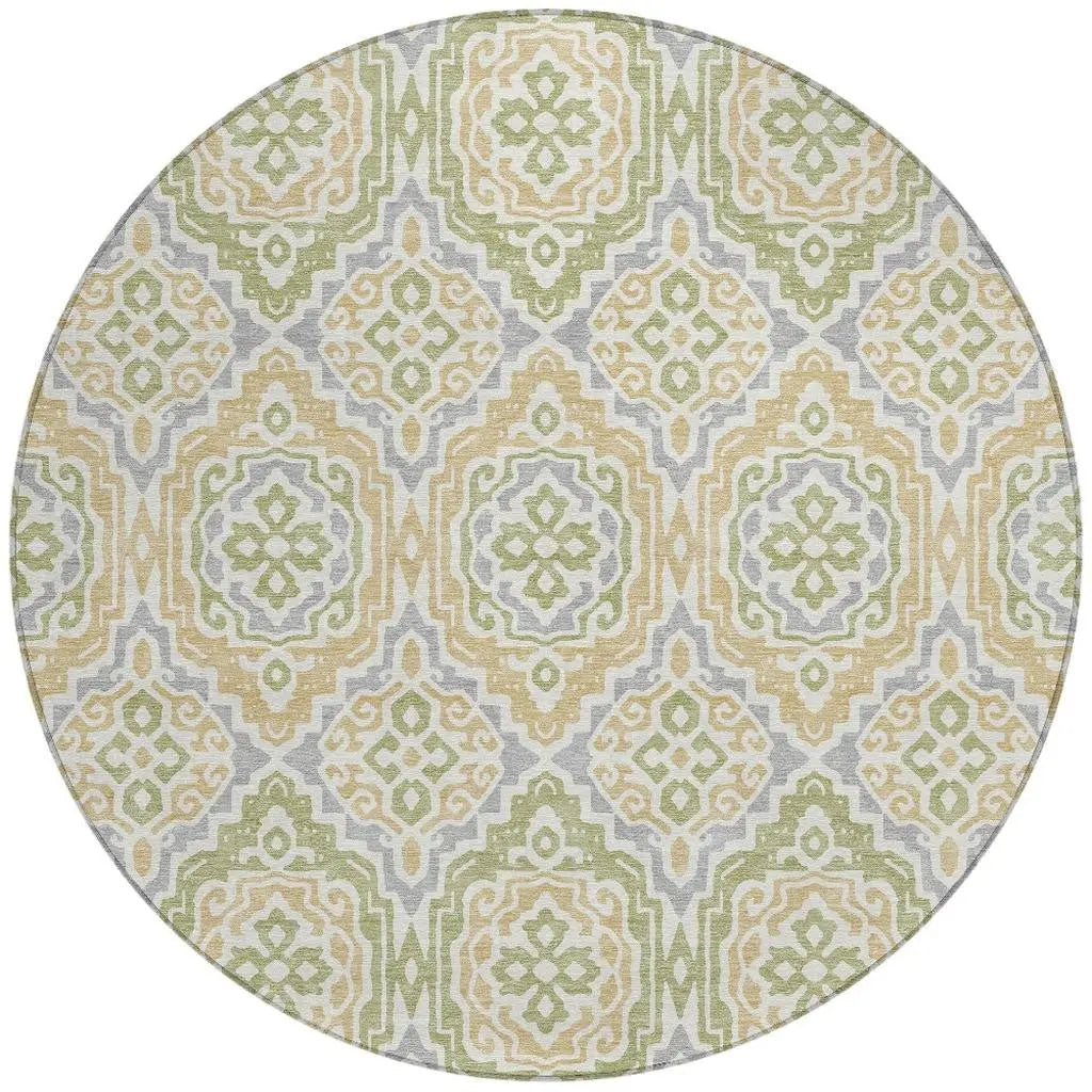 8' Green And Denim Blue Round Tribal Washable Indoor Outdoor Area Rug Homeroots Outdoor