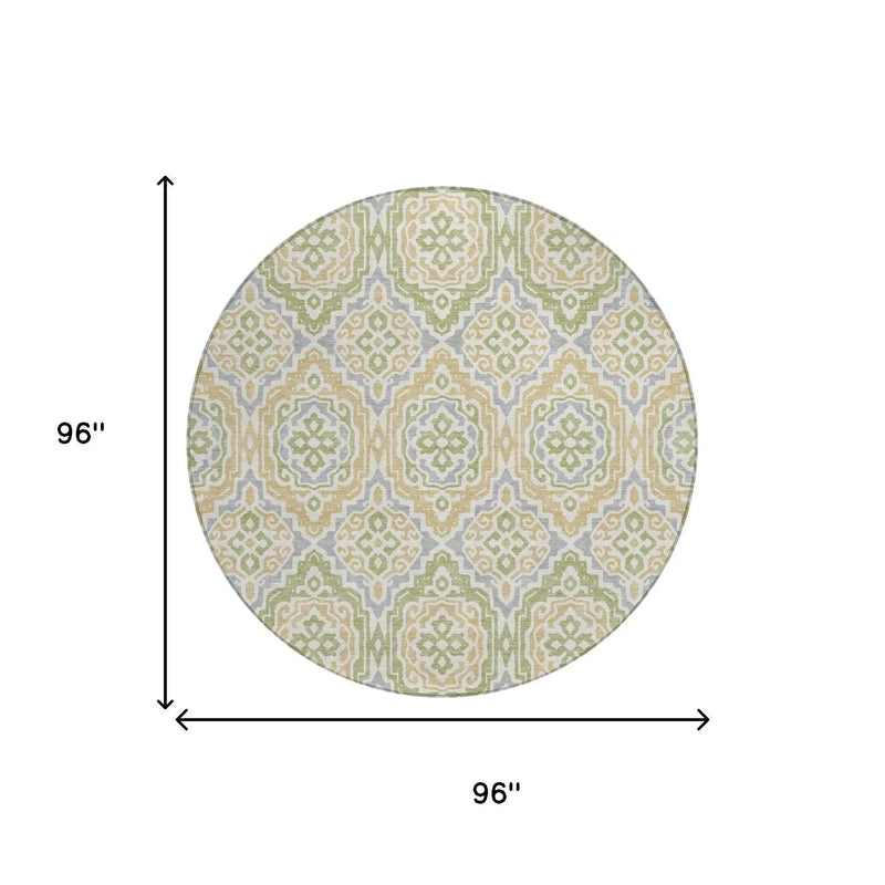 8' Green And Denim Blue Round Tribal Washable Indoor Outdoor Area Rug Homeroots Outdoor