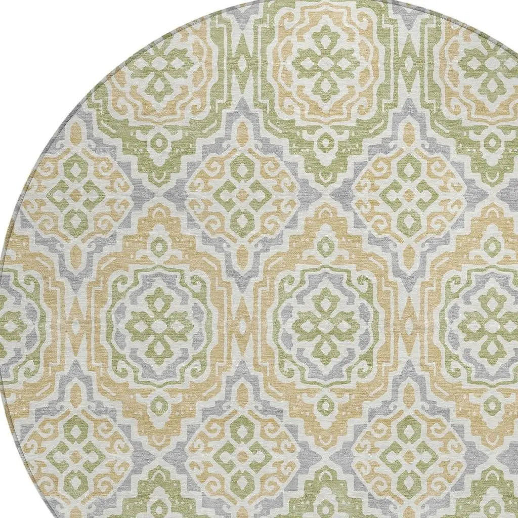 8' Green And Denim Blue Round Tribal Washable Indoor Outdoor Area Rug Homeroots Outdoor