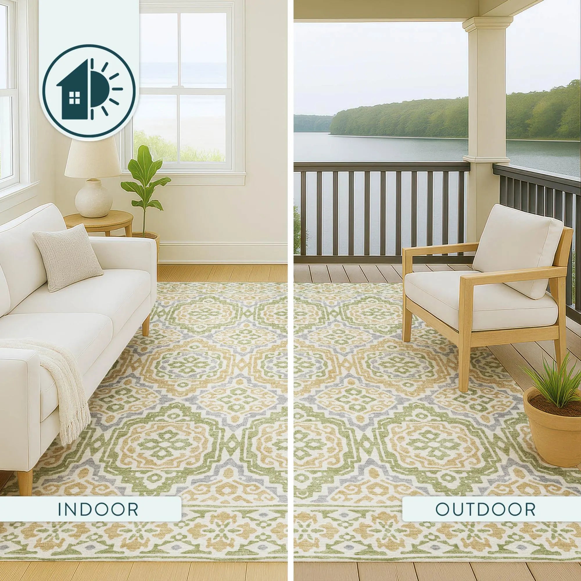 8' Green And Denim Blue Round Tribal Washable Indoor Outdoor Area Rug Homeroots Outdoor