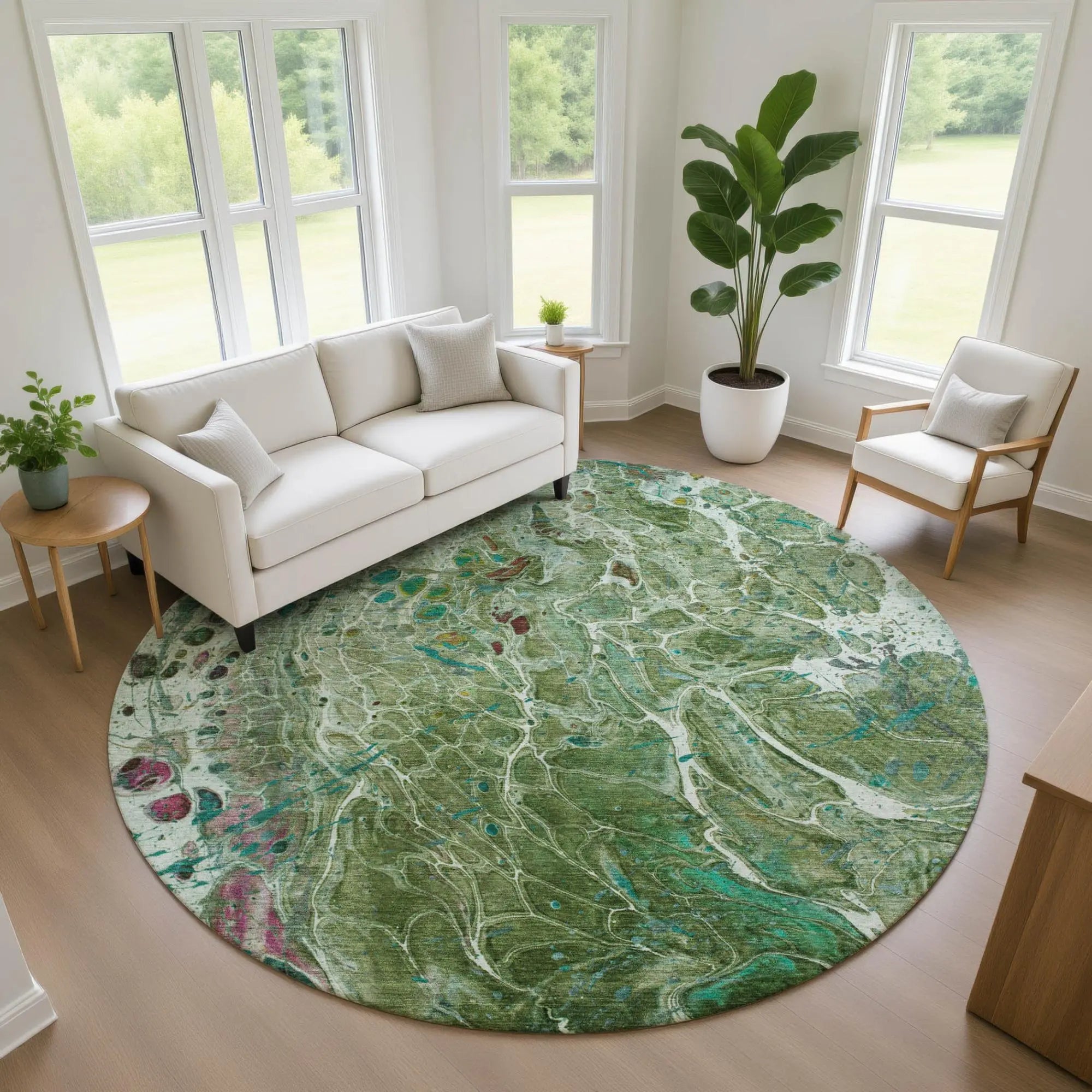 8' Green And Fern Green Round Abstract Washable Indoor Outdoor Area Rug Homeroots Outdoor