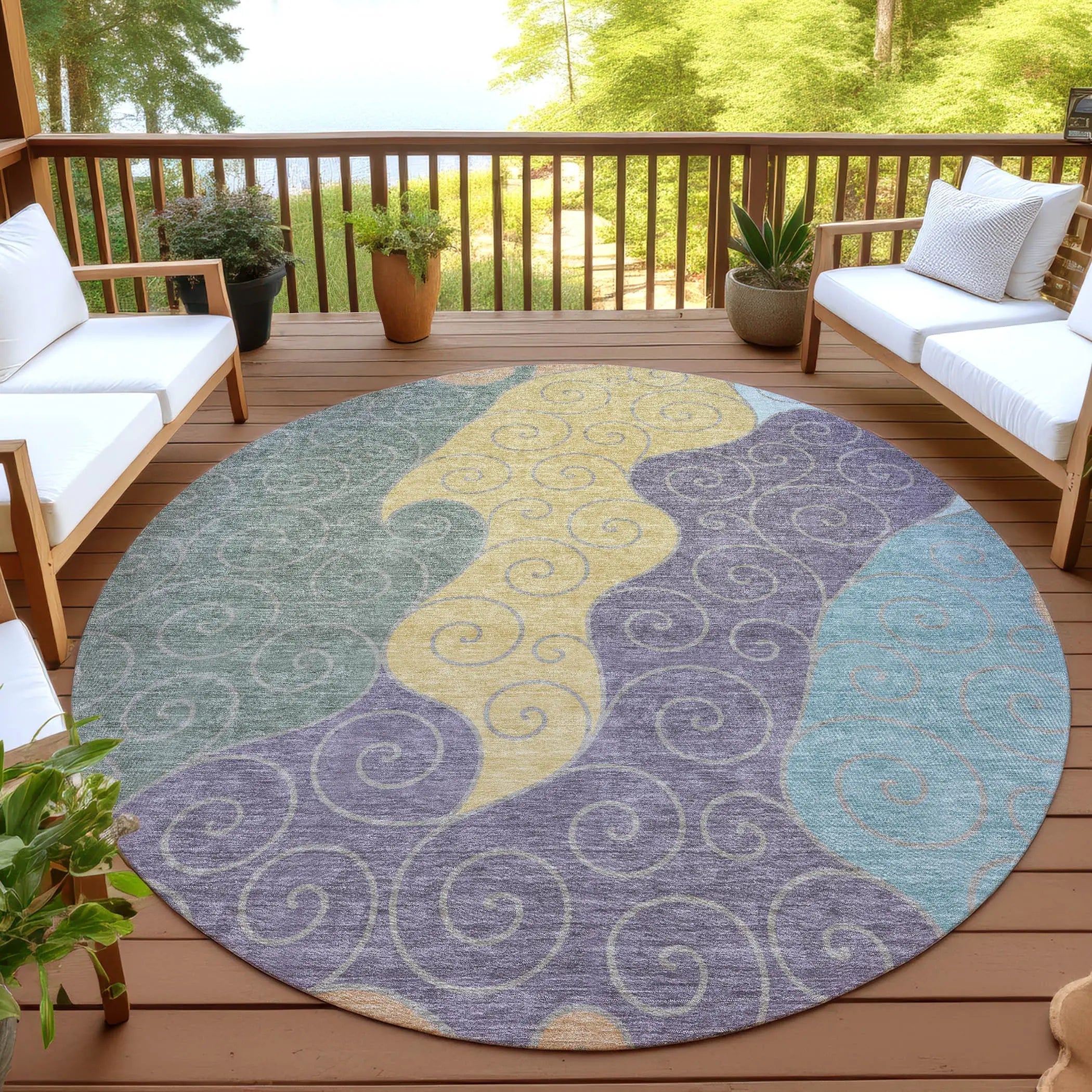 8' Green And Gold Round Abstract Washable Indoor Outdoor Area Rug Homeroots Outdoor
