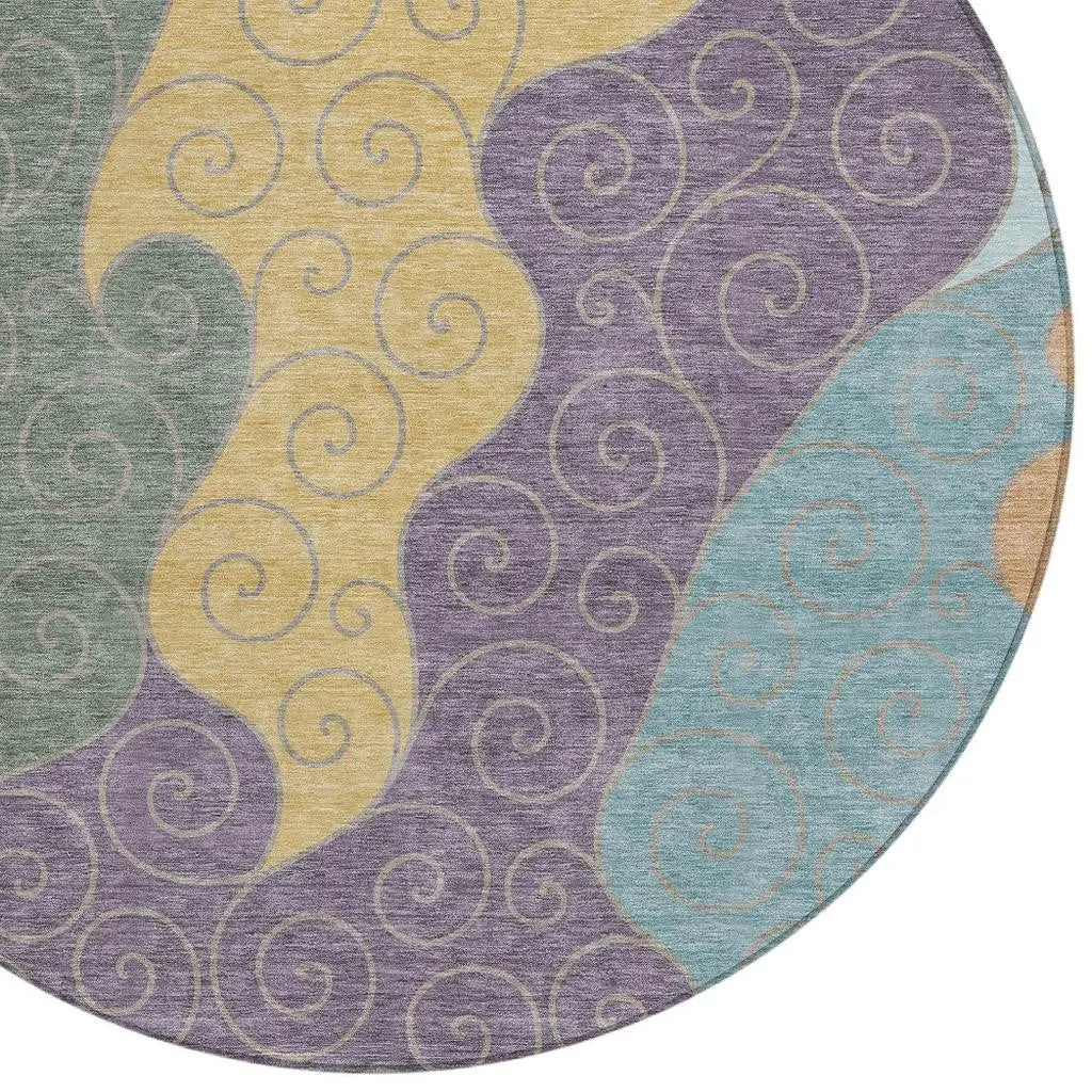 8' Green And Gold Round Abstract Washable Indoor Outdoor Area Rug Homeroots Outdoor