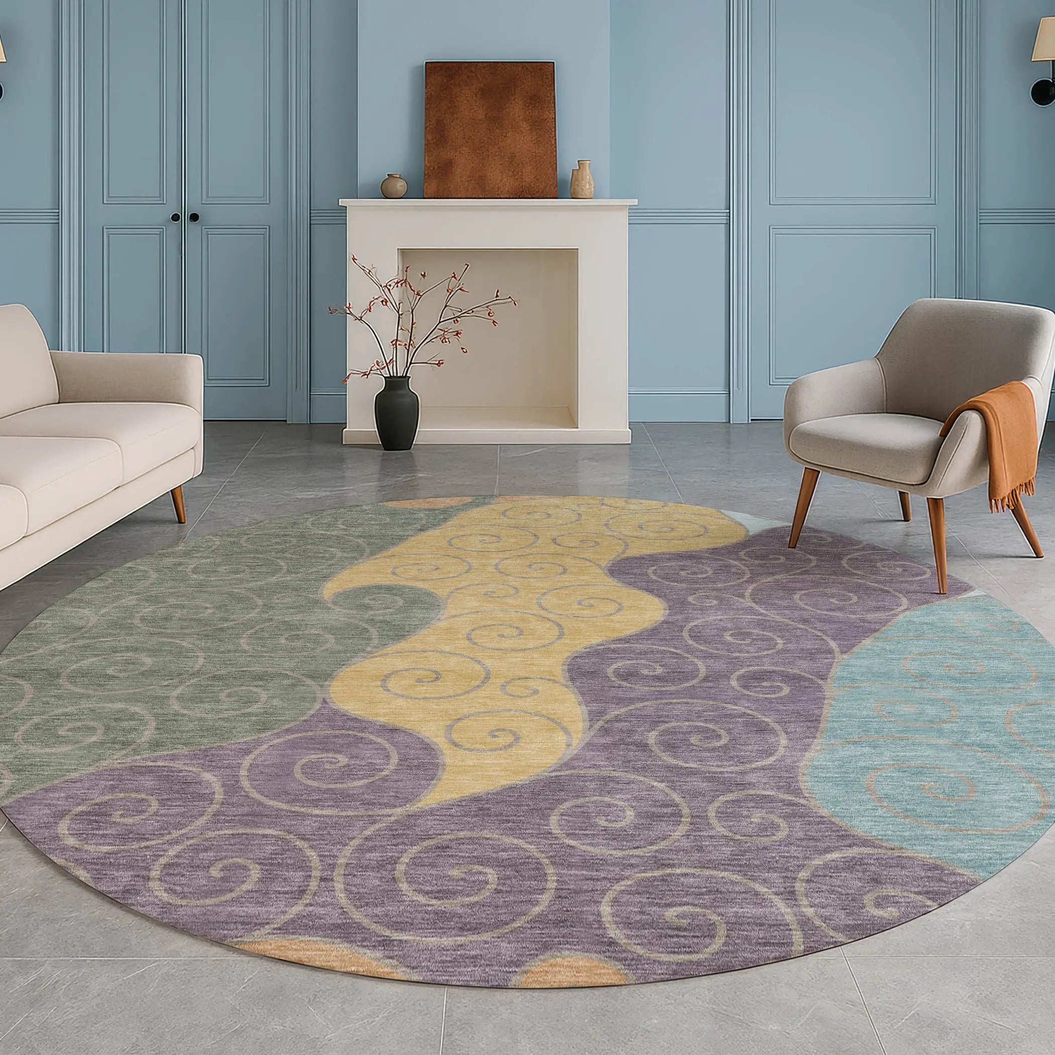 8' Green And Gold Round Abstract Washable Indoor Outdoor Area Rug Homeroots Outdoor