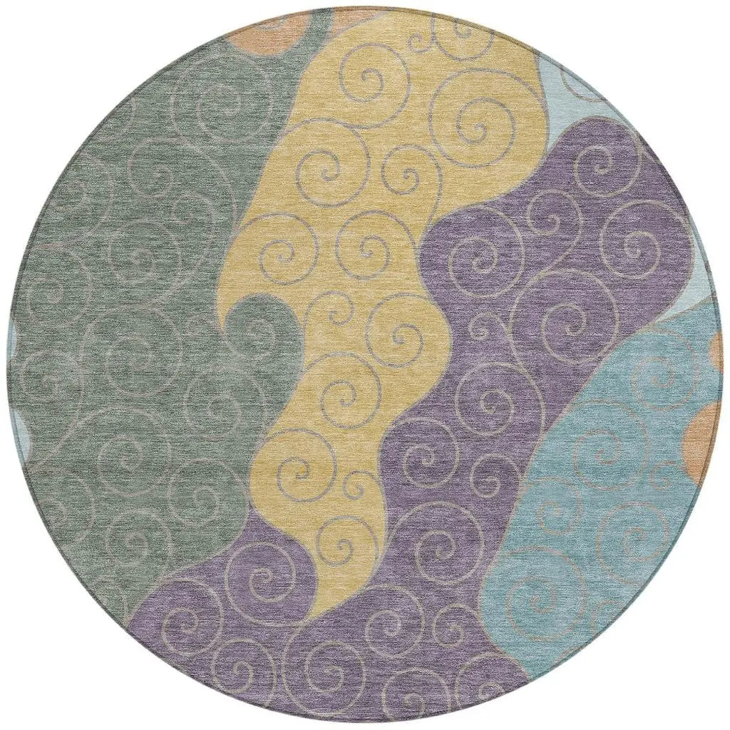8' Green And Gold Round Abstract Washable Indoor Outdoor Area Rug Homeroots Outdoor