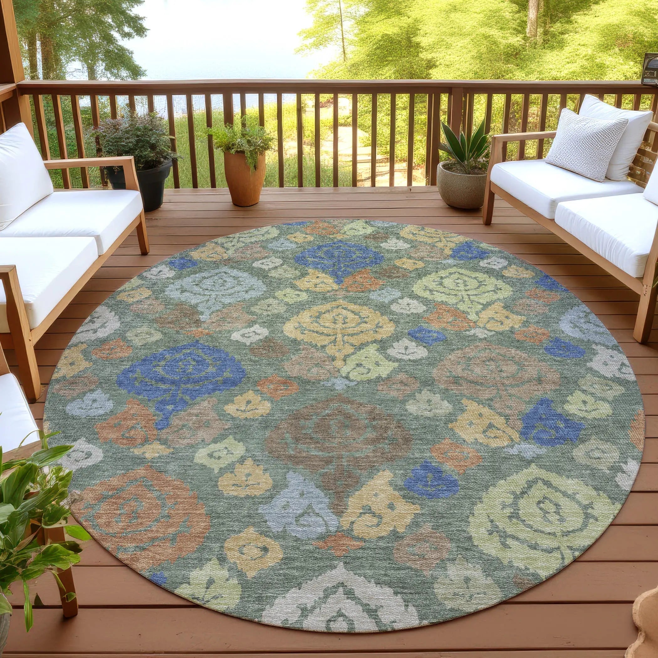 8' Green And Gold Round Damask Washable Indoor Outdoor Area Rug Homeroots Outdoor