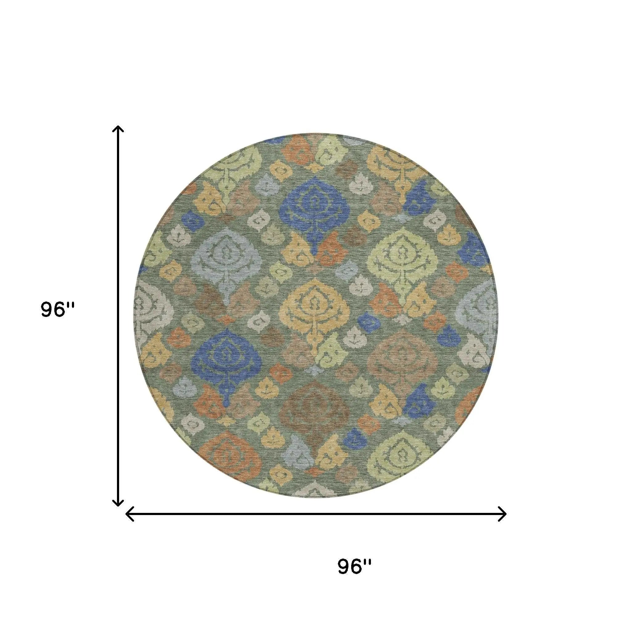 8' Green And Gold Round Damask Washable Indoor Outdoor Area Rug Homeroots Outdoor