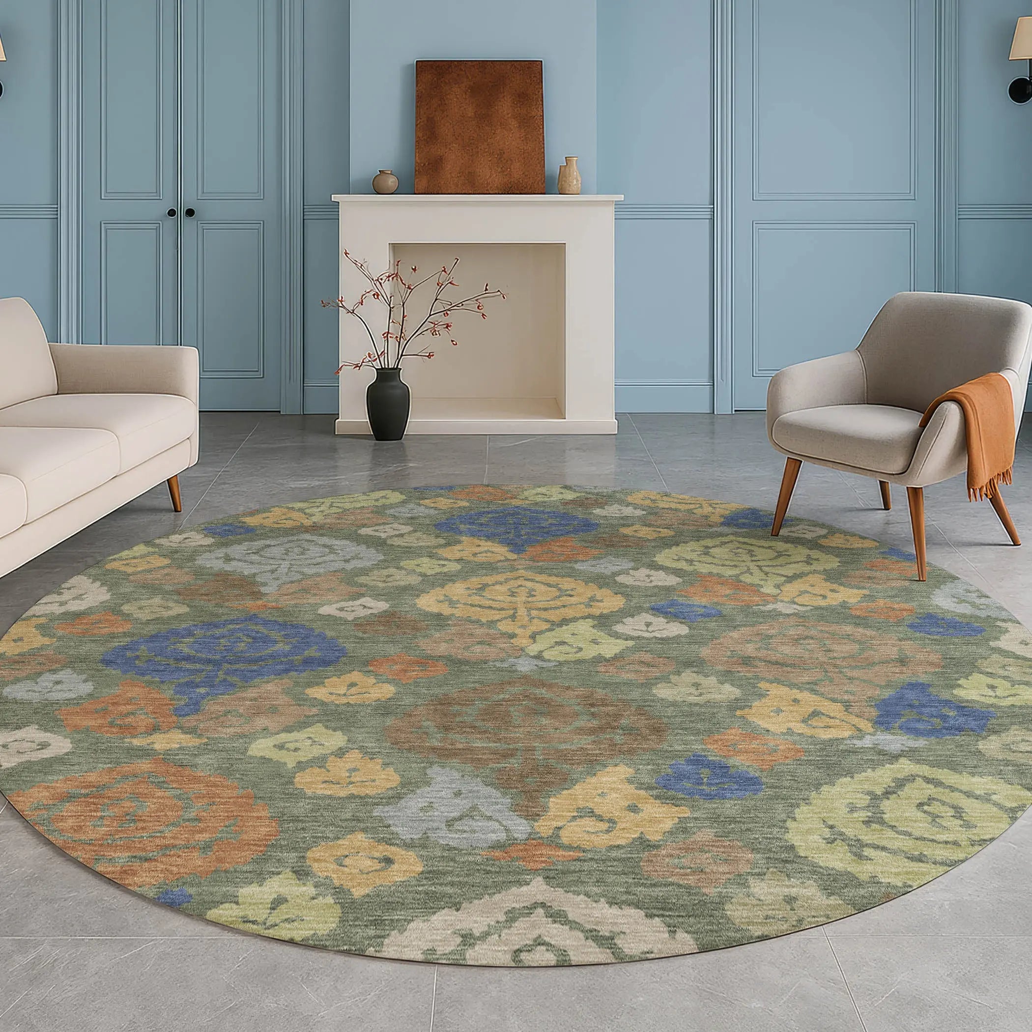 8' Green And Gold Round Damask Washable Indoor Outdoor Area Rug Homeroots Outdoor