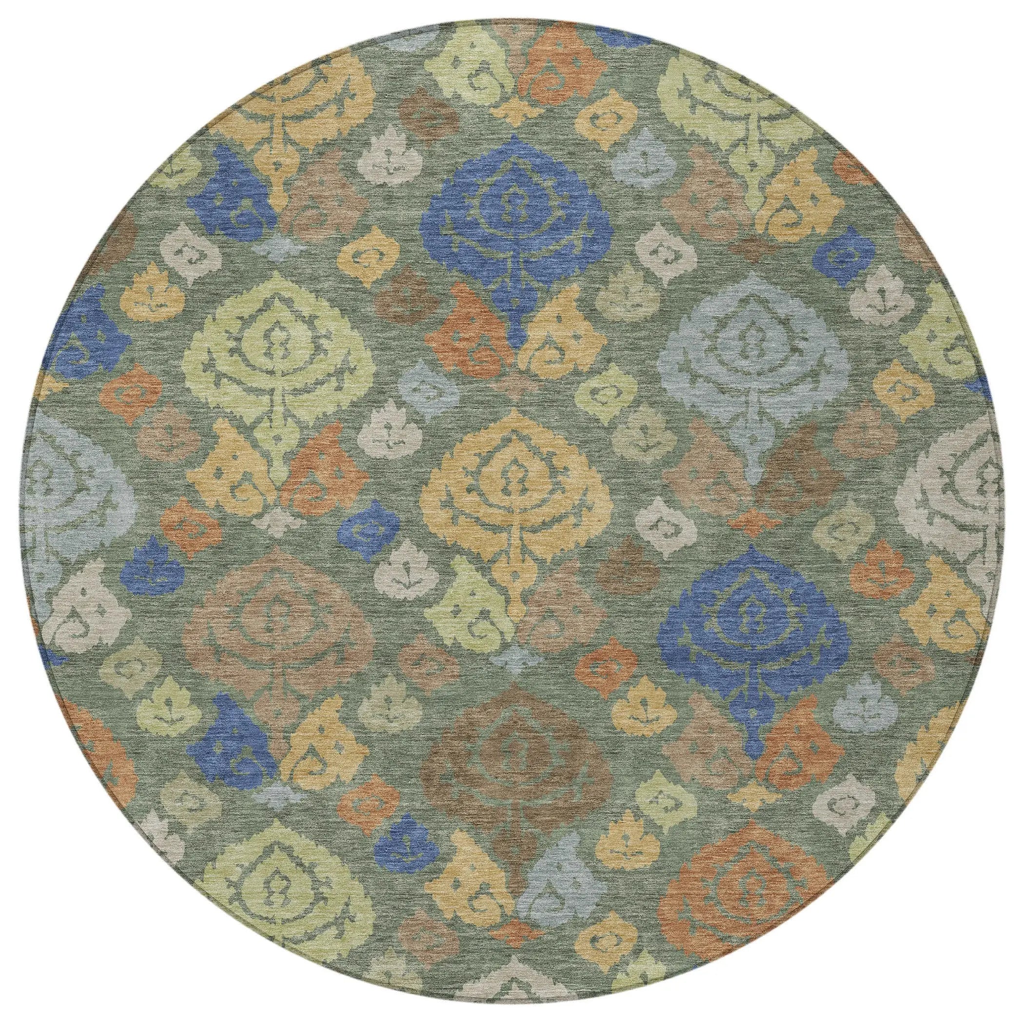 8' Green And Gold Round Damask Washable Indoor Outdoor Area Rug Homeroots Outdoor