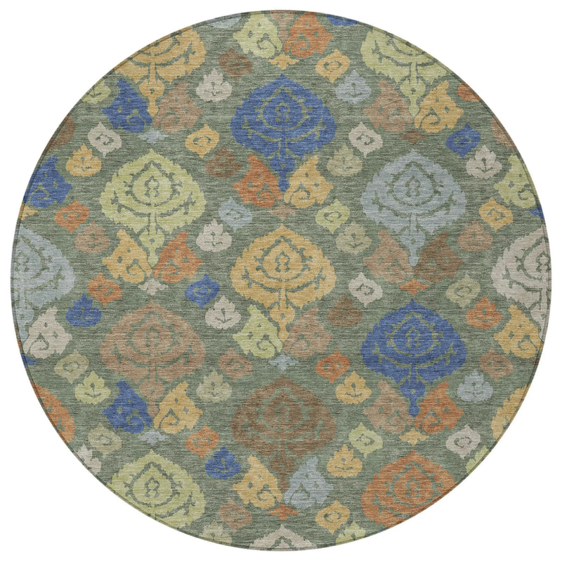 8' Green And Gold Round Damask Washable Indoor Outdoor Area Rug Homeroots Outdoor