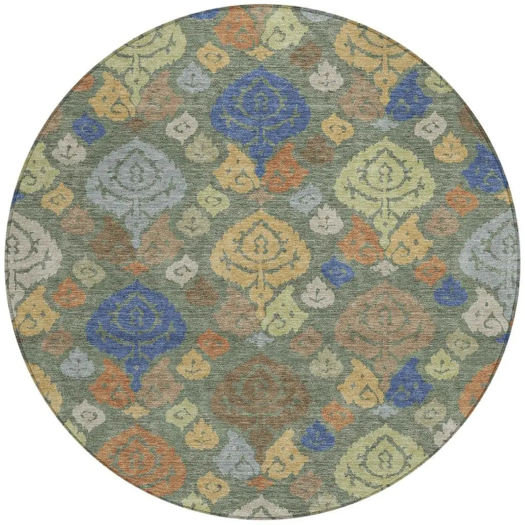 8' Green And Gold Round Damask Washable Indoor Outdoor Area Rug Homeroots Outdoor