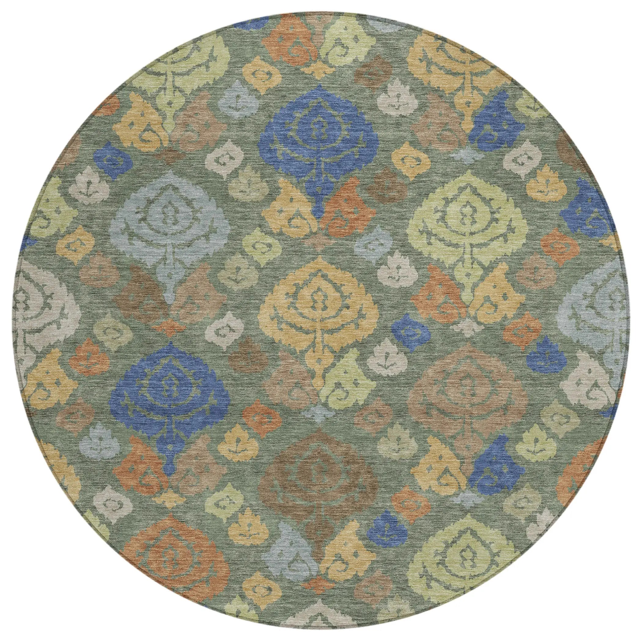 8' Green And Gold Round Damask Washable Indoor Outdoor Area Rug Homeroots Outdoor