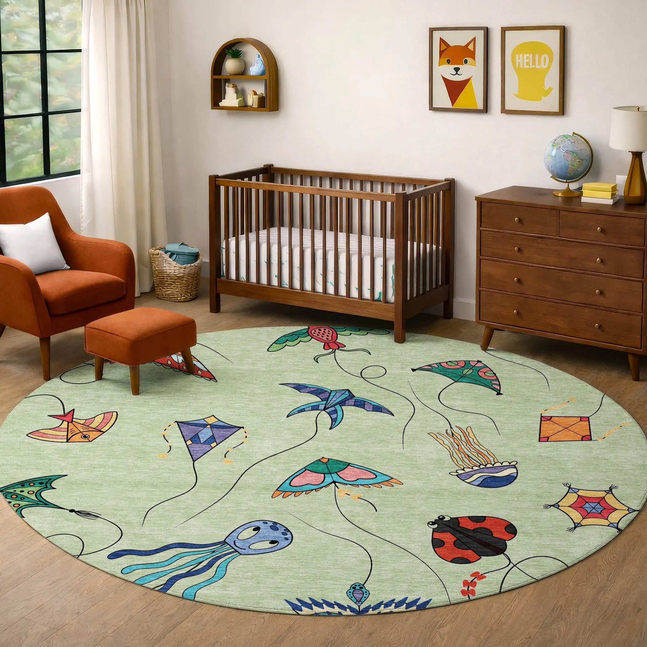 8' Green And Gold Round Geometric Washable Indoor Outdoor Area Rug Homeroots Outdoor
