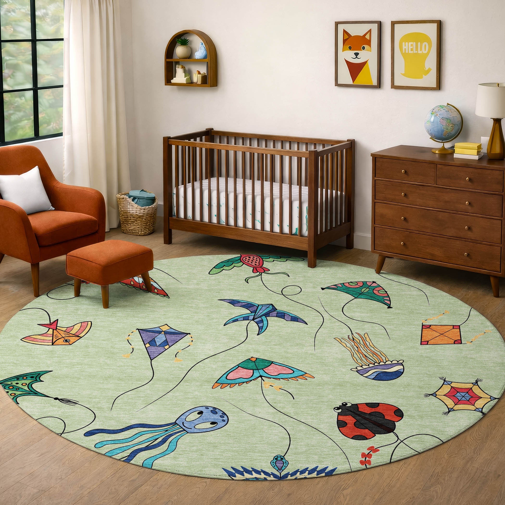 8' Green And Gold Round Geometric Washable Indoor Outdoor Area Rug Homeroots Outdoor