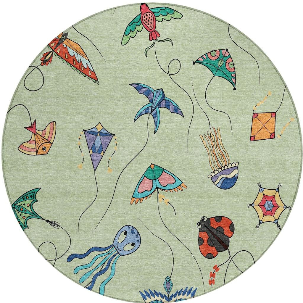 8' Green And Gold Round Geometric Washable Indoor Outdoor Area Rug Homeroots Outdoor