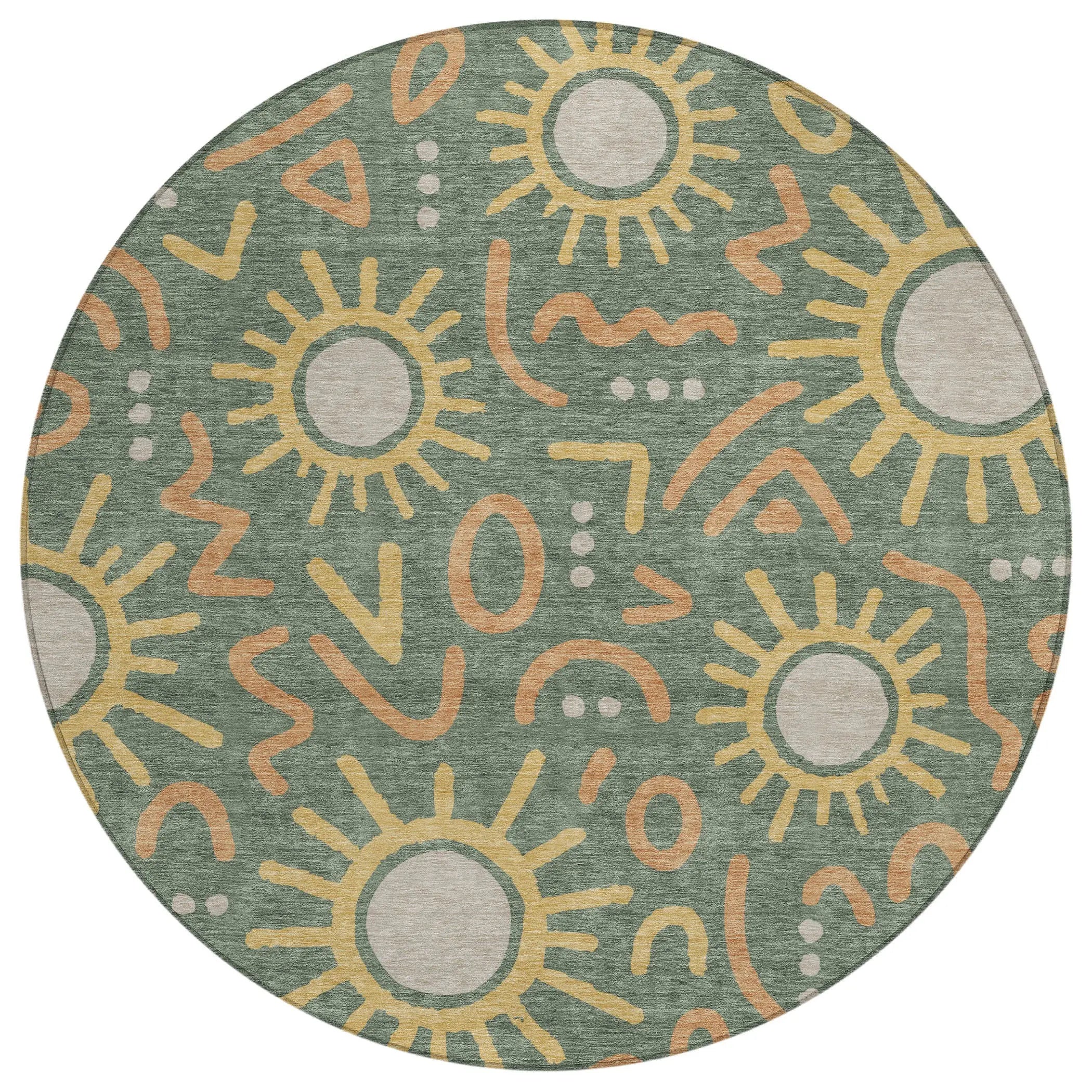 8' Green And Gold Round Geometric Washable Indoor Outdoor Area Rug Homeroots Outdoor