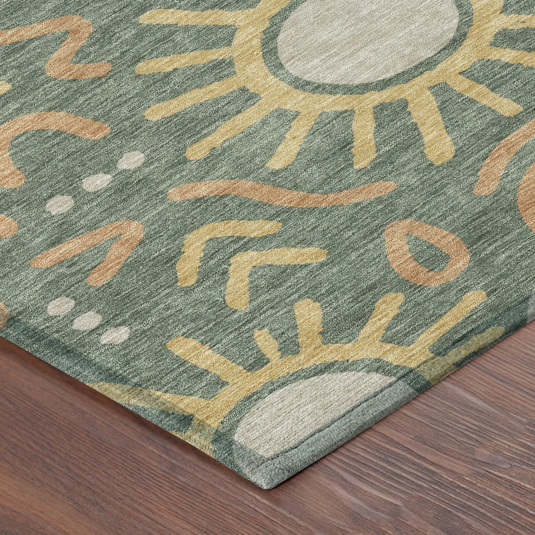8' Green And Gold Round Geometric Washable Indoor Outdoor Area Rug Homeroots Outdoor