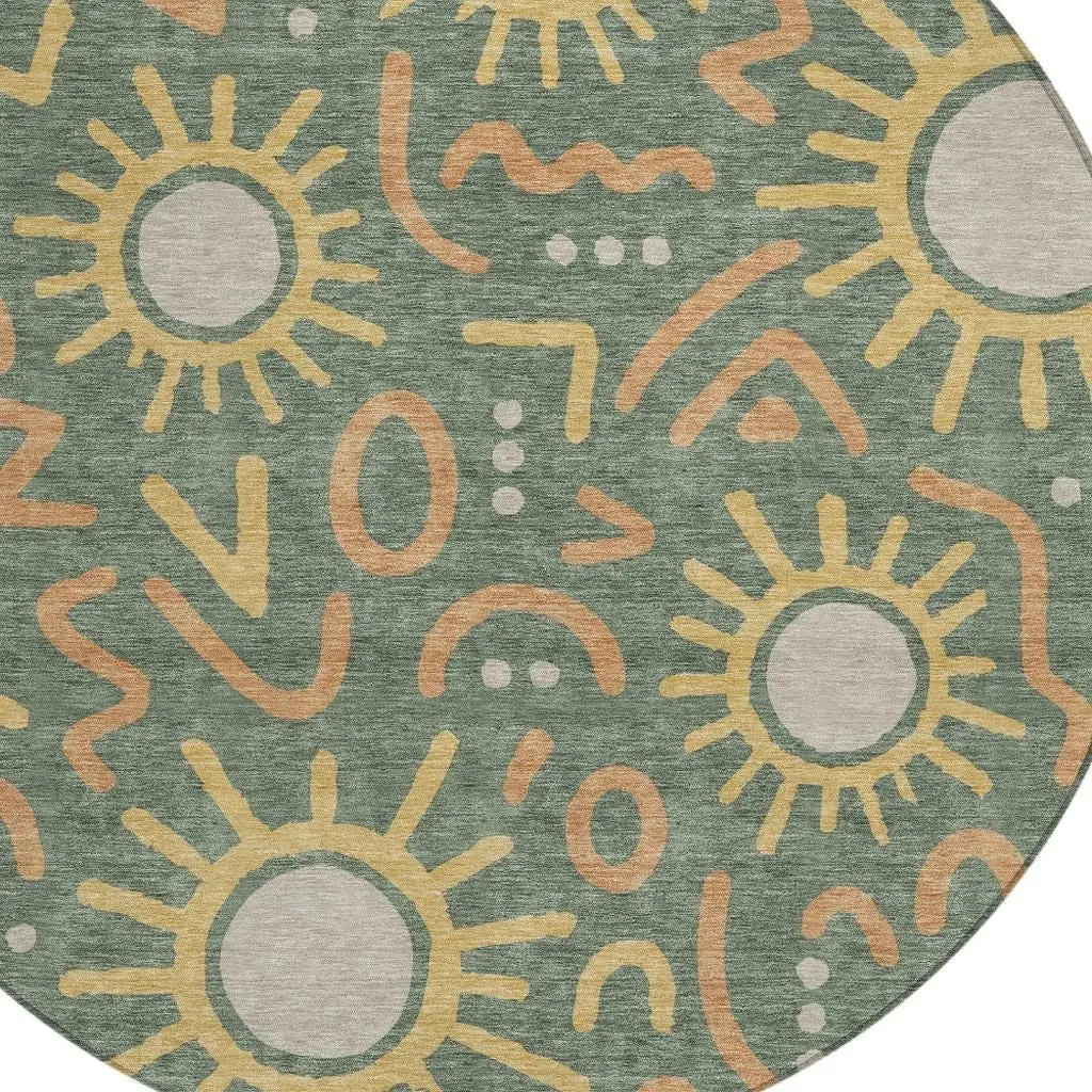 8' Green And Gold Round Geometric Washable Indoor Outdoor Area Rug Homeroots Outdoor