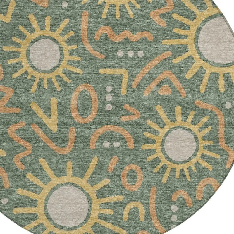 8' Green And Gold Round Geometric Washable Indoor Outdoor Area Rug Homeroots Outdoor