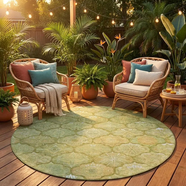 8' Green And Gold Round Ogee Washable Indoor Outdoor Area Rug Homeroots Outdoor