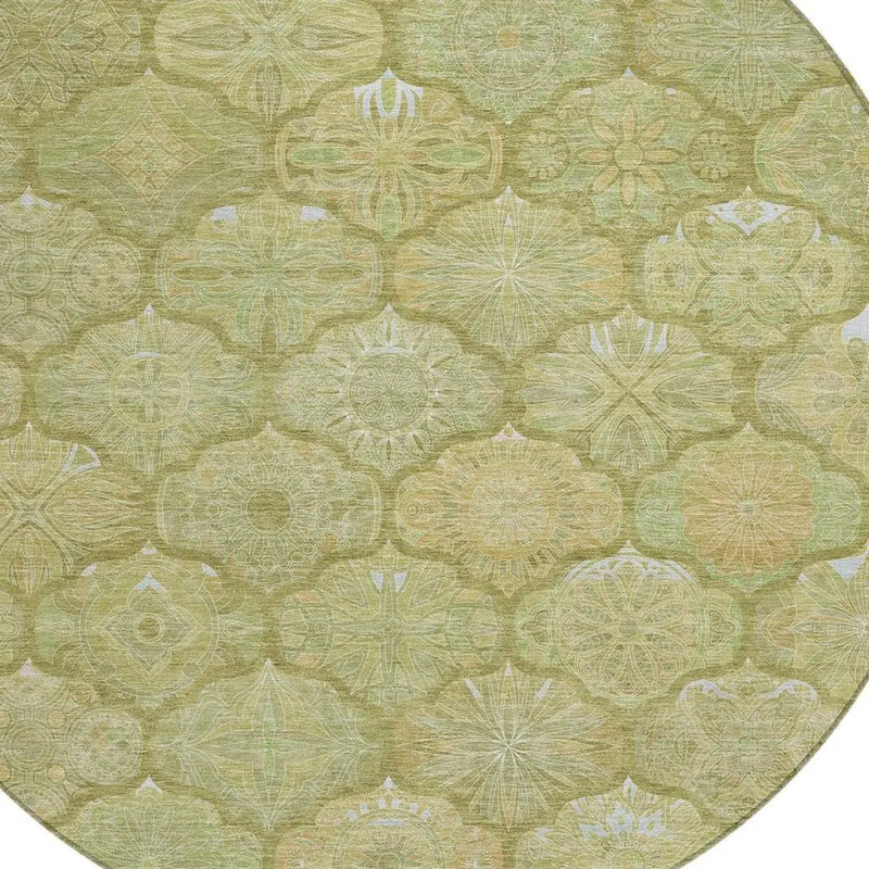 8' Green And Gold Round Ogee Washable Indoor Outdoor Area Rug Homeroots Outdoor