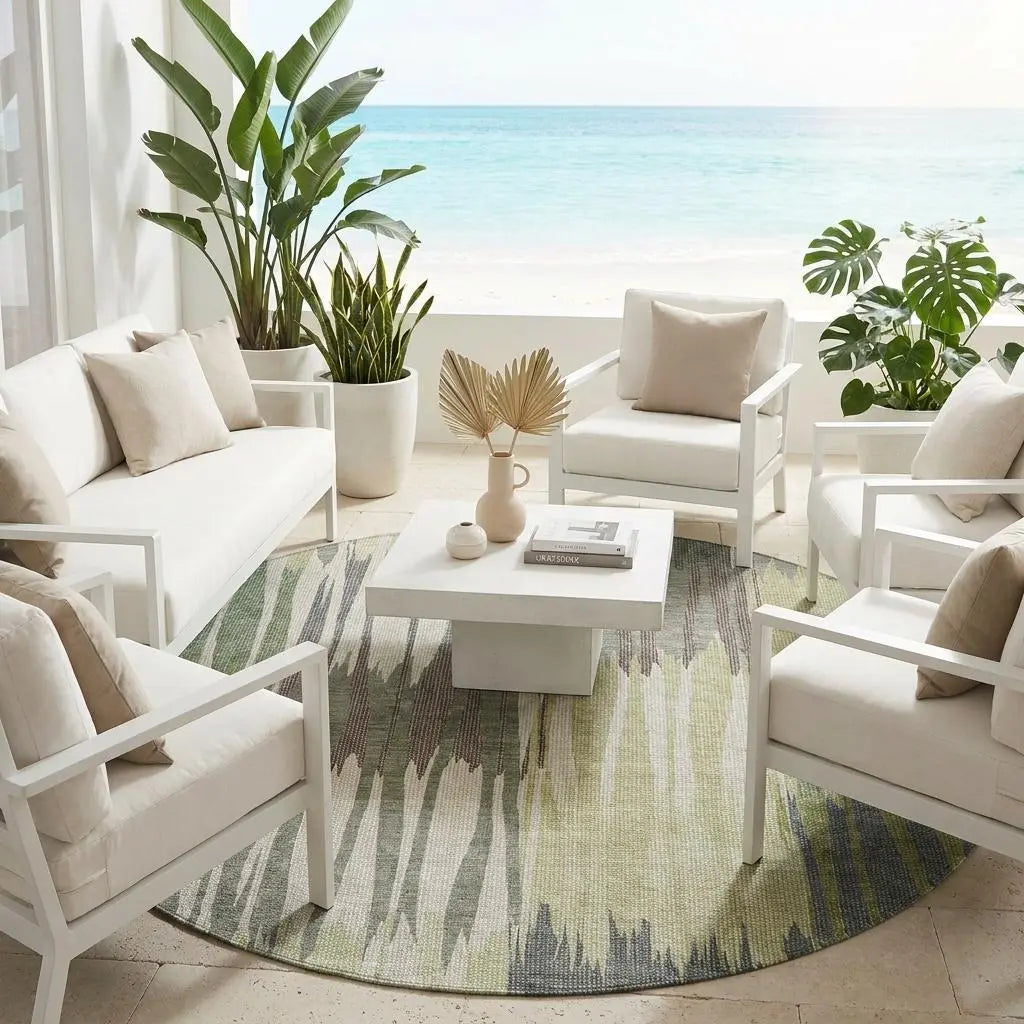 8' Green And Graphite Round Striped Washable Indoor Outdoor Area Rug Homeroots Outdoor