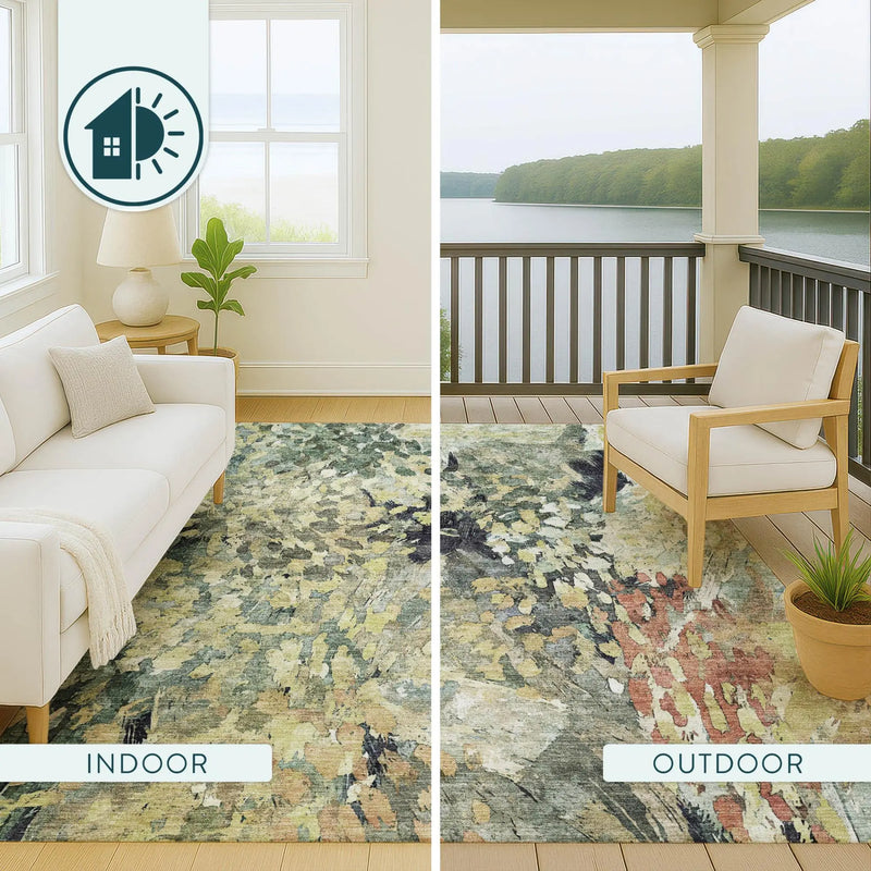8' Green And Gray Round Abstract Washable Indoor Outdoor Area Rug Homeroots Outdoor