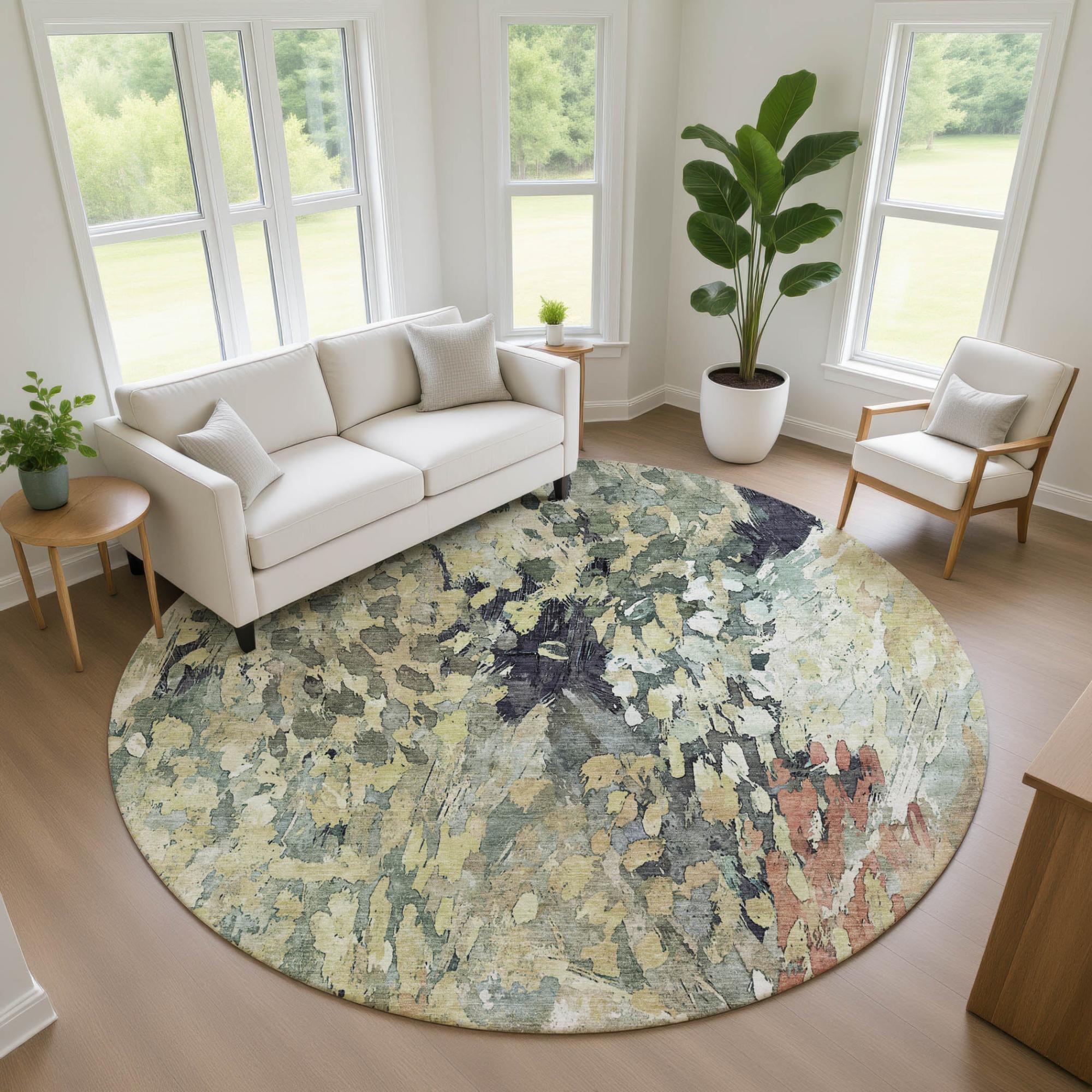 8' Green And Gray Round Abstract Washable Indoor Outdoor Area Rug Homeroots Outdoor