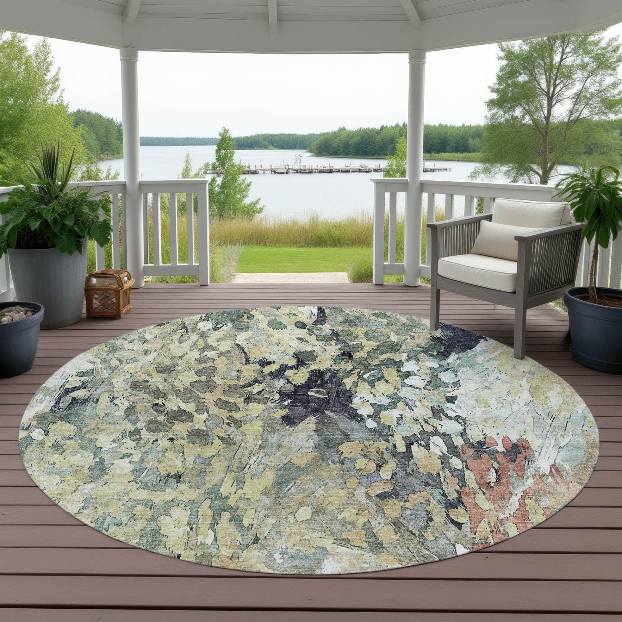 8' Green And Gray Round Abstract Washable Indoor Outdoor Area Rug Homeroots Outdoor