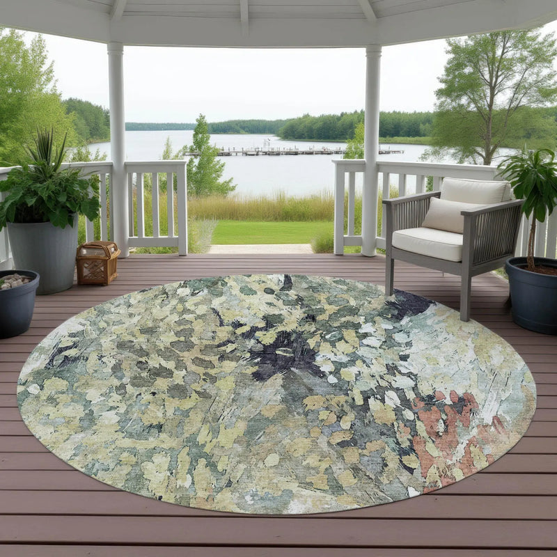 8' Green And Gray Round Abstract Washable Indoor Outdoor Area Rug Homeroots Outdoor