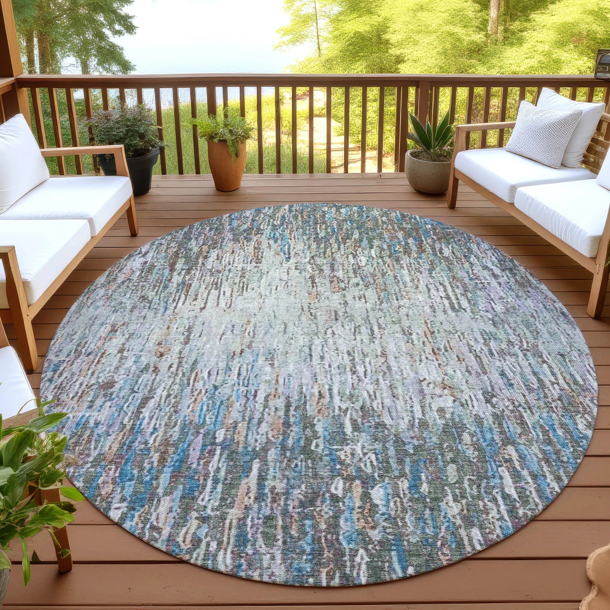 8' Green And Gray Round Striped Washable Indoor Outdoor Area Rug Homeroots Outdoor