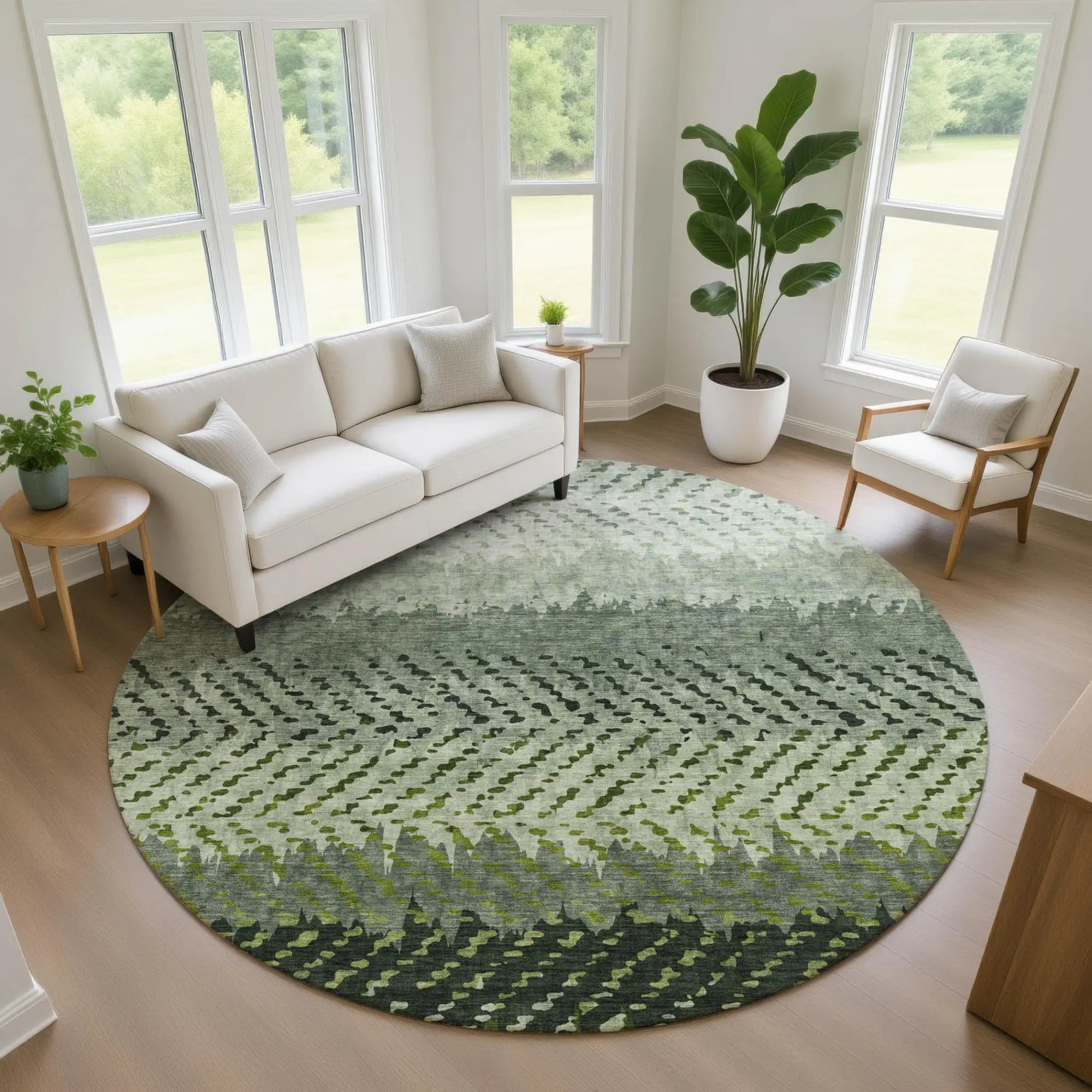 8' Green And Gray Round Striped Washable Indoor Outdoor Area Rug Homeroots Outdoor