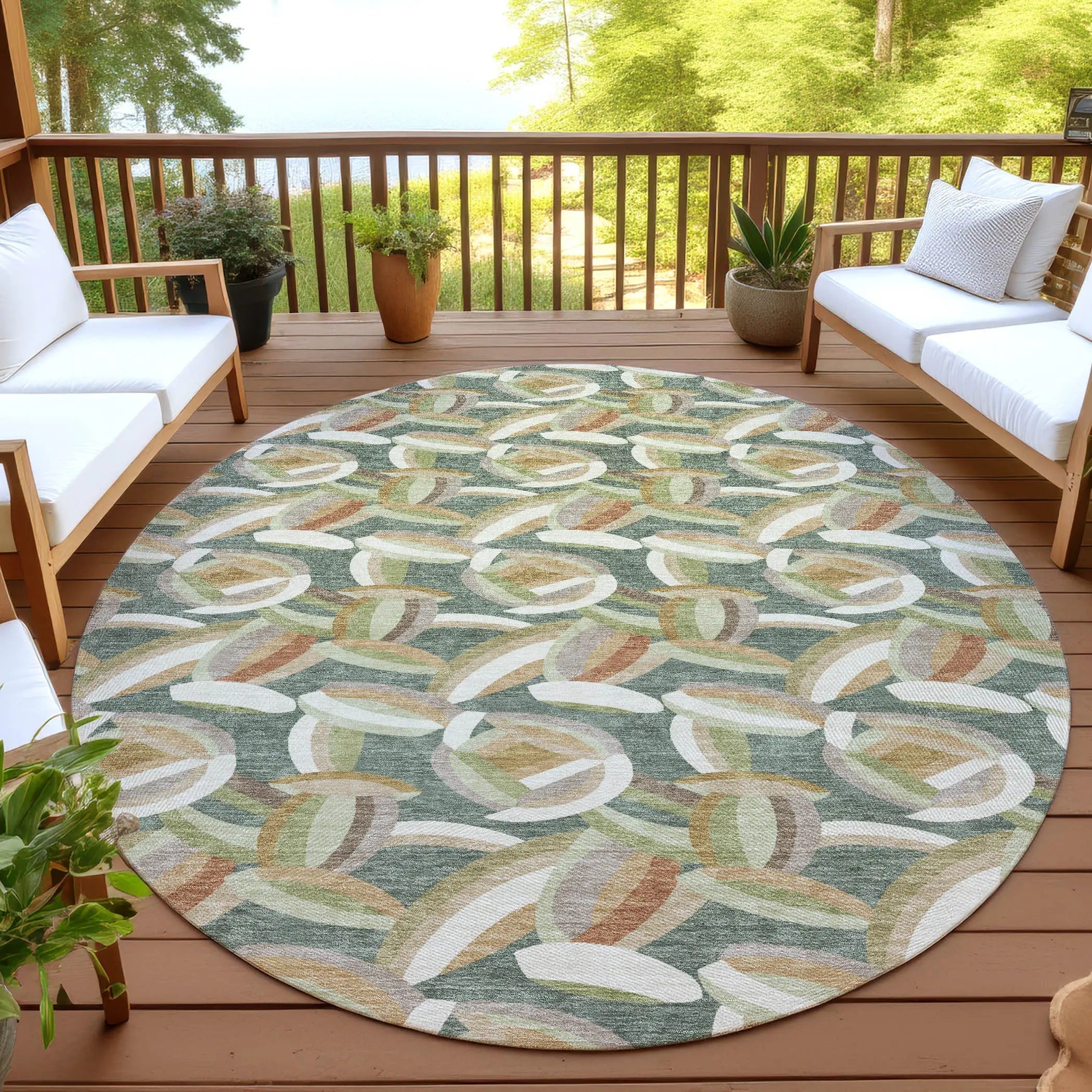 8' Green And Ivory Round Abstract Washable Indoor Outdoor Area Rug Homeroots Outdoor