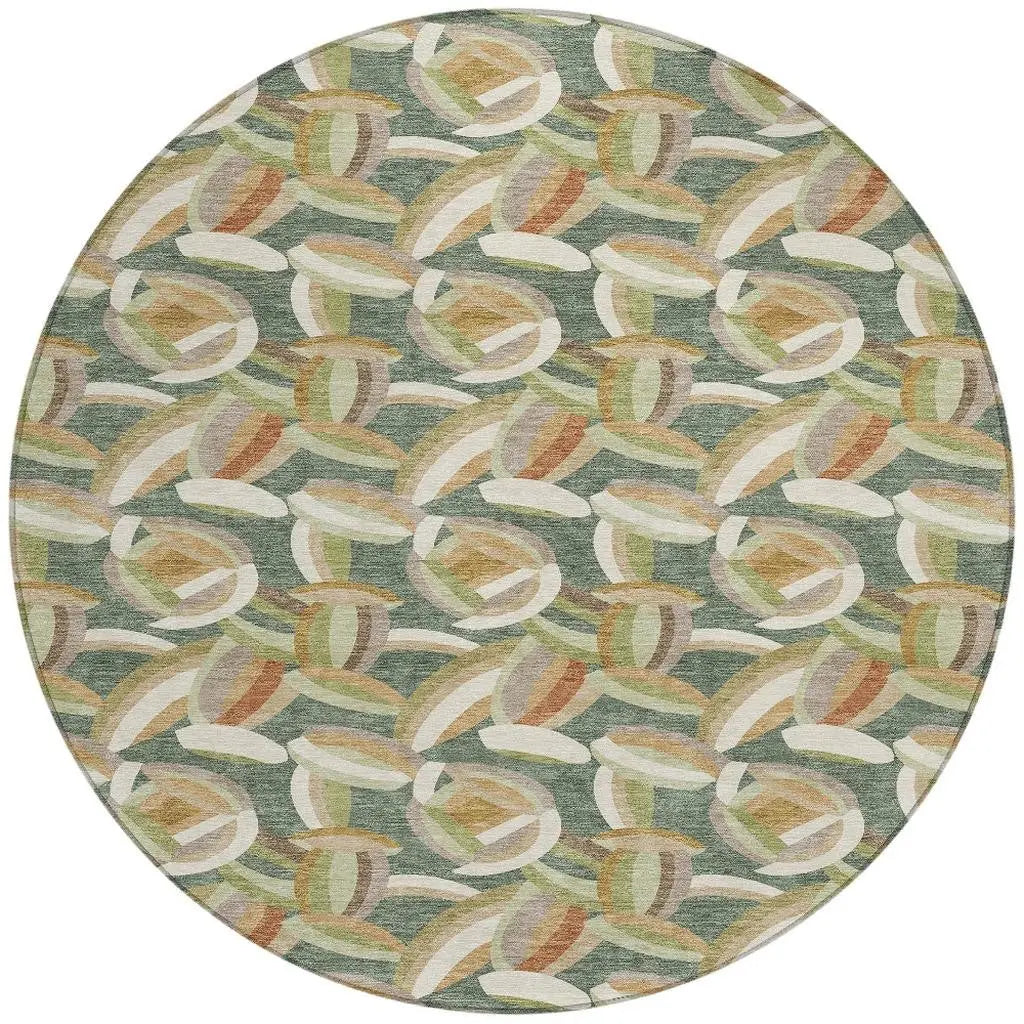 8' Green And Ivory Round Abstract Washable Indoor Outdoor Area Rug Homeroots Outdoor