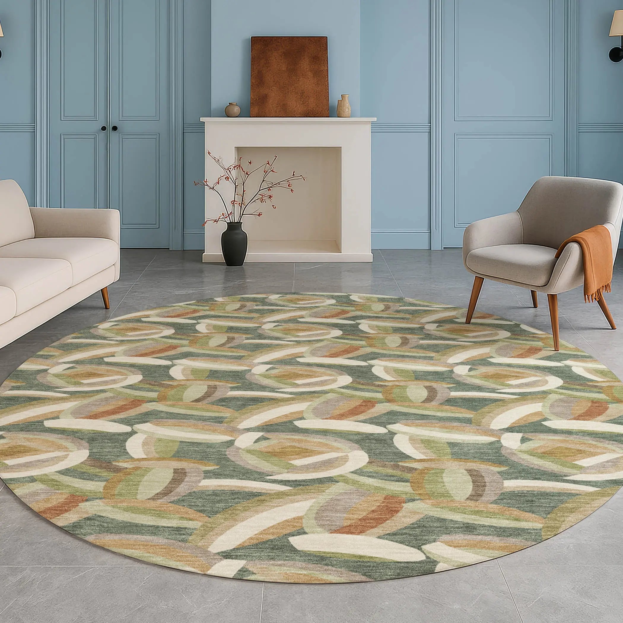 8' Green And Ivory Round Abstract Washable Indoor Outdoor Area Rug Homeroots Outdoor