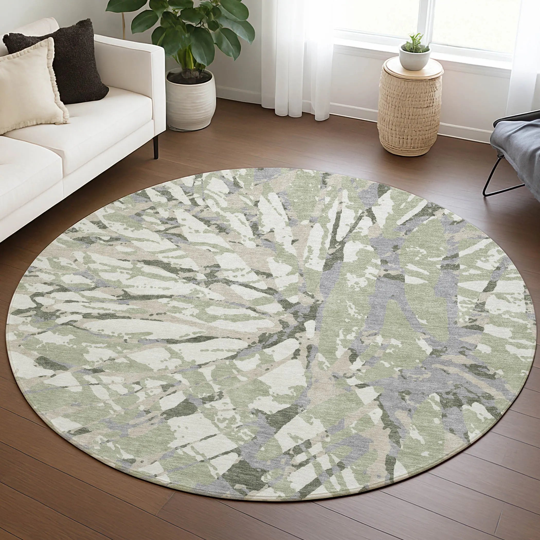 8' Green And Ivory Round Abstract Washable Indoor Outdoor Area Rug Homeroots Outdoor