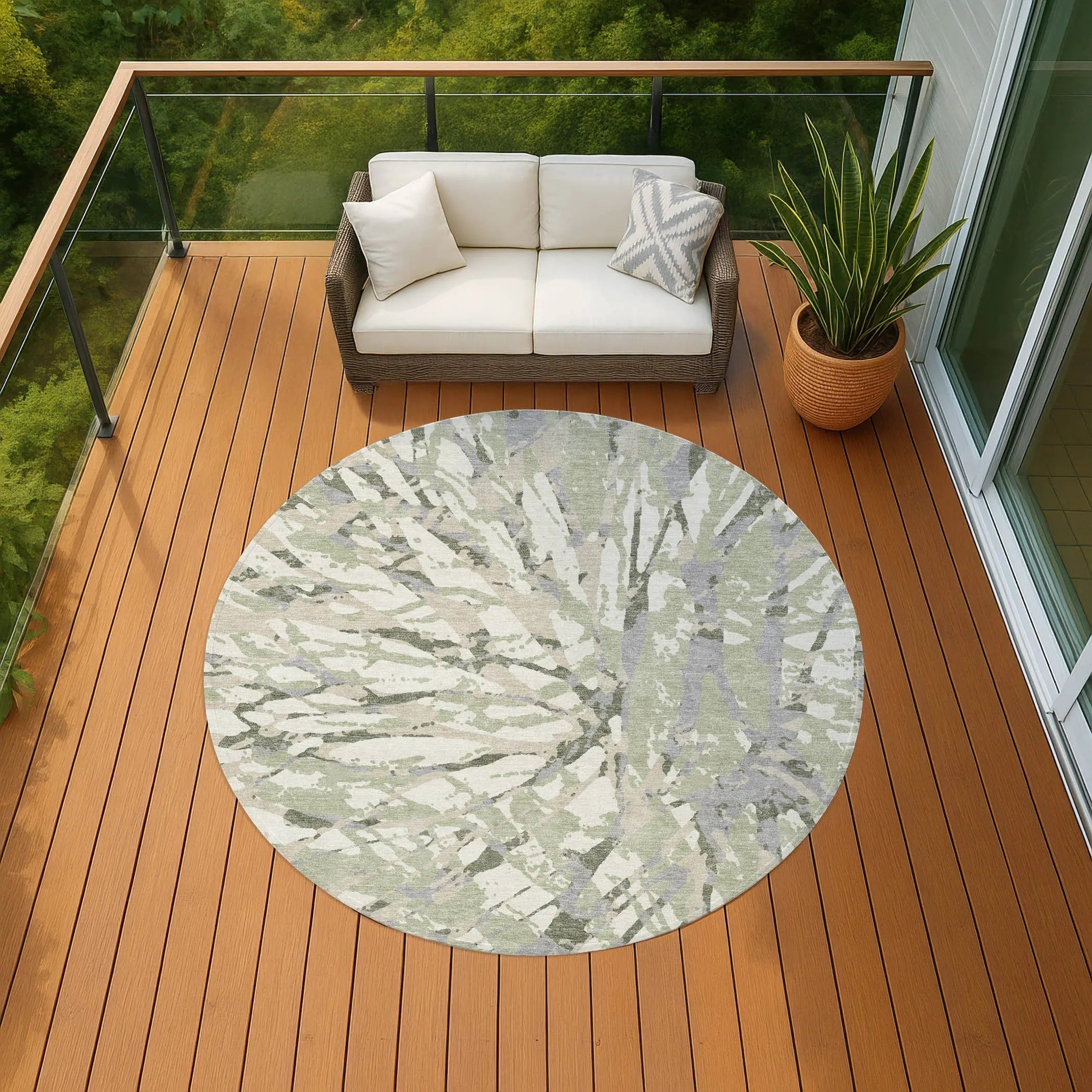 8' Green And Ivory Round Abstract Washable Indoor Outdoor Area Rug Homeroots Outdoor