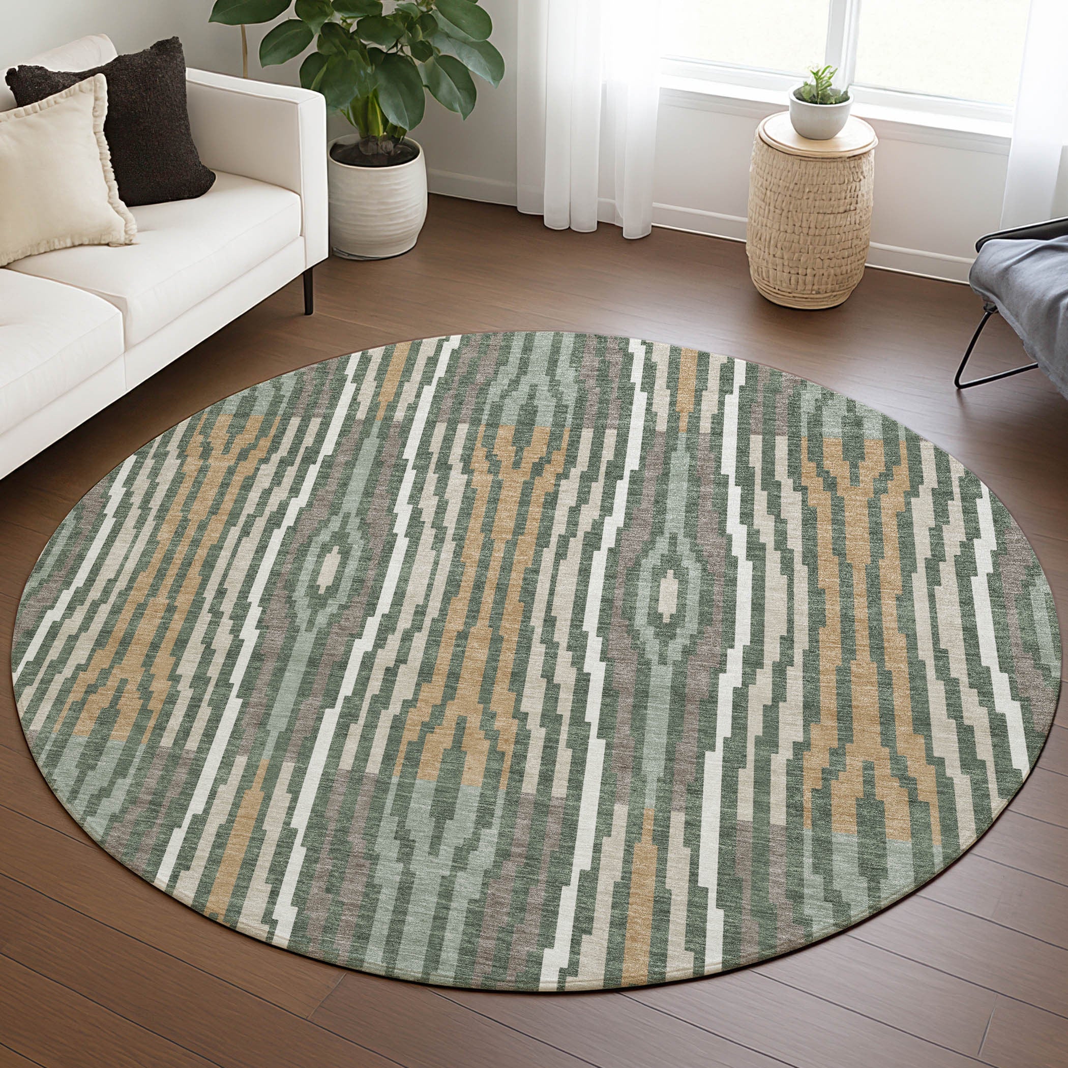 8' Green And Ivory Round Abstract Washable Indoor Outdoor Area Rug Homeroots Outdoor