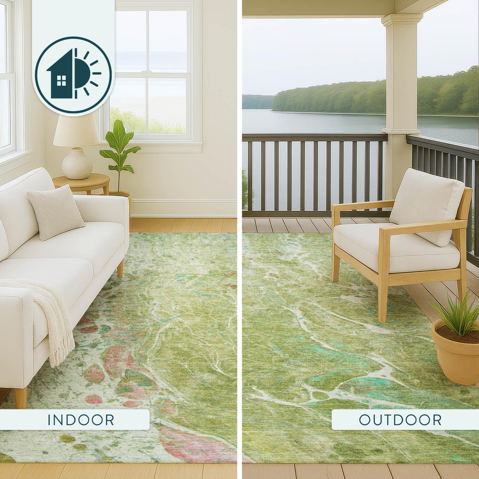 8' Green And Ivory Round Abstract Washable Indoor Outdoor Area Rug Homeroots Outdoor