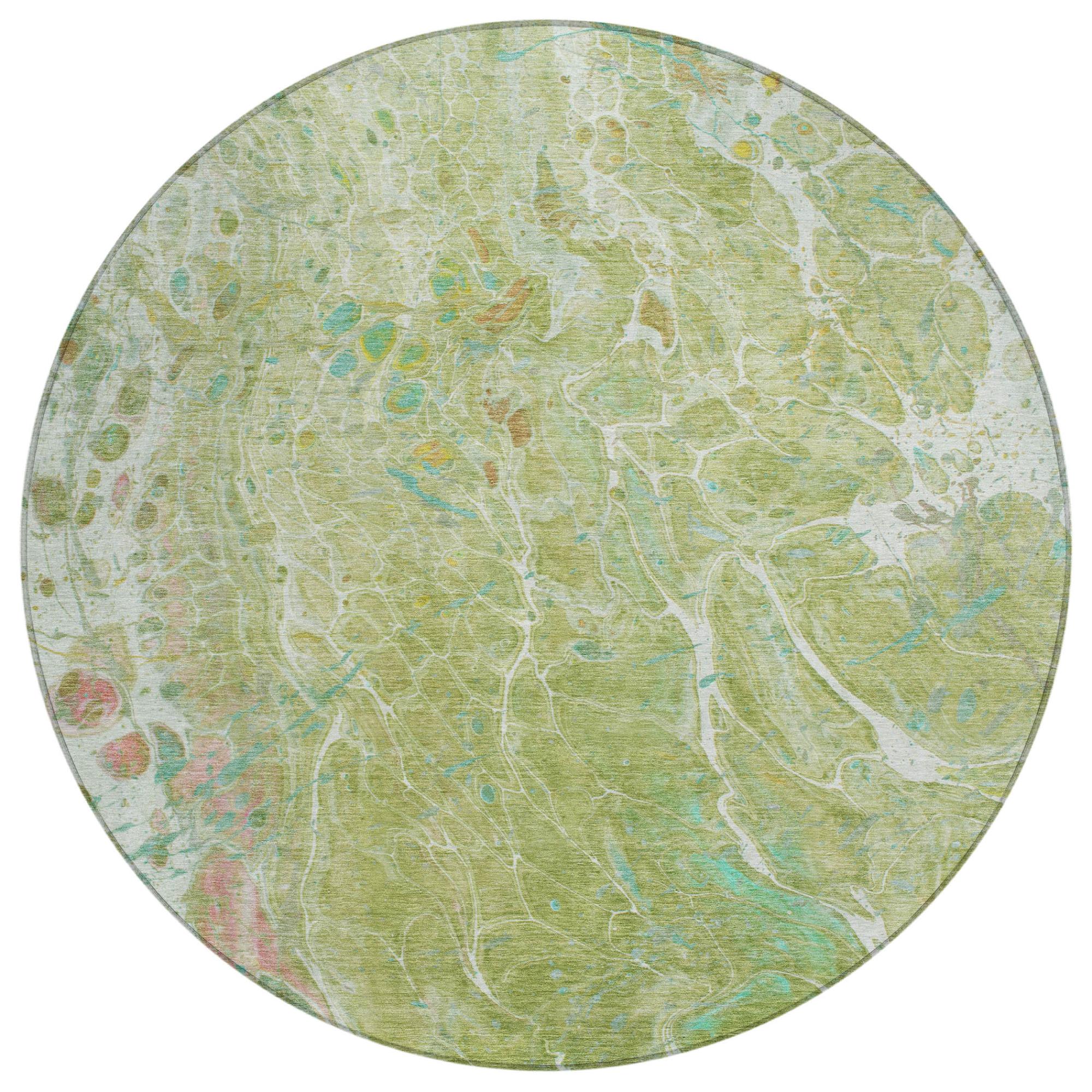 8' Green And Ivory Round Abstract Washable Indoor Outdoor Area Rug Homeroots Outdoor
