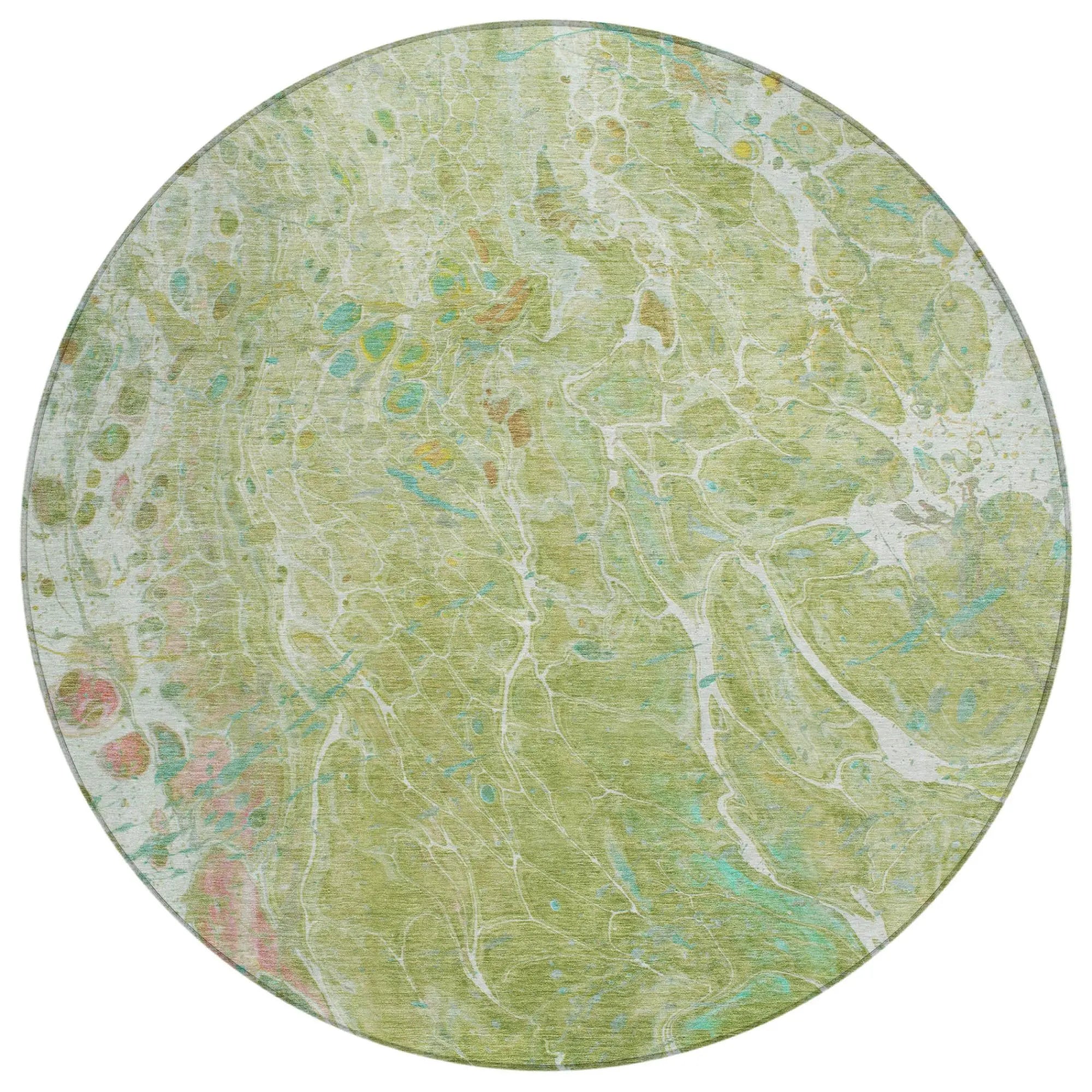 8' Green And Ivory Round Abstract Washable Indoor Outdoor Area Rug Homeroots Outdoor