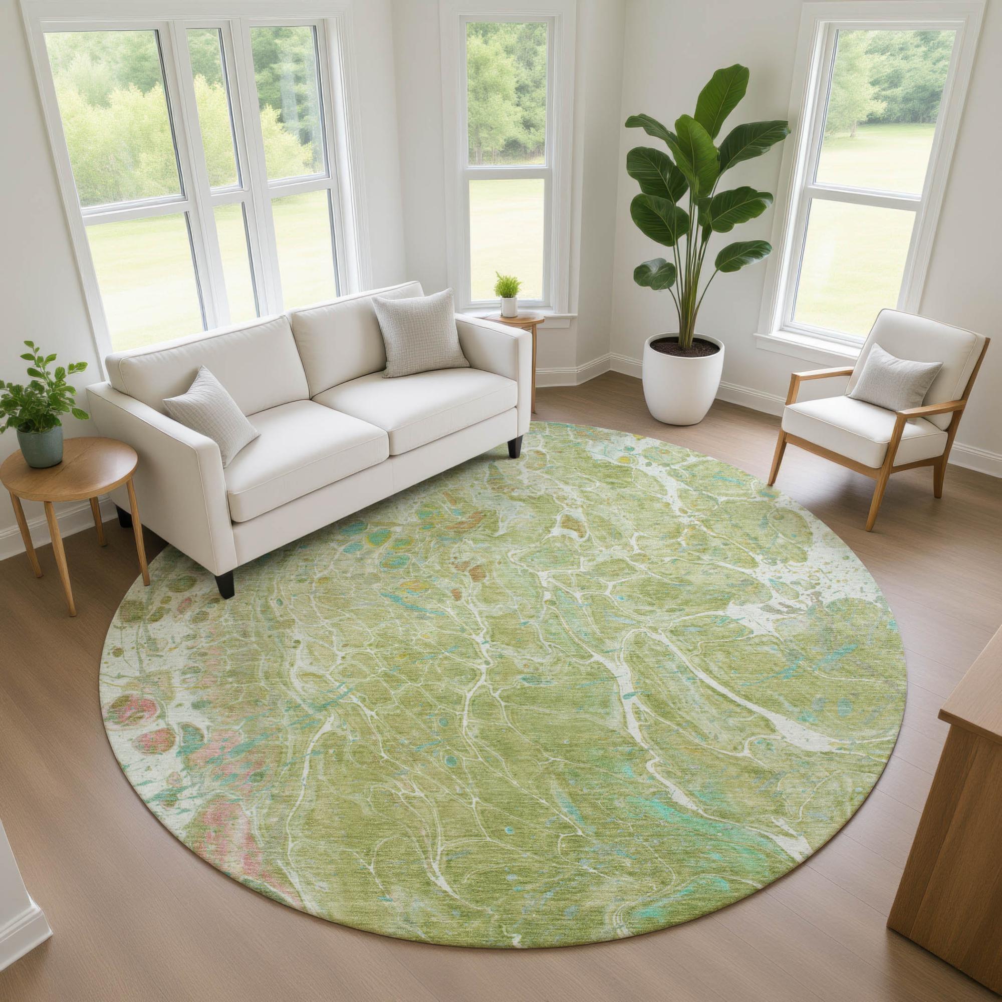 8' Green And Ivory Round Abstract Washable Indoor Outdoor Area Rug Homeroots Outdoor