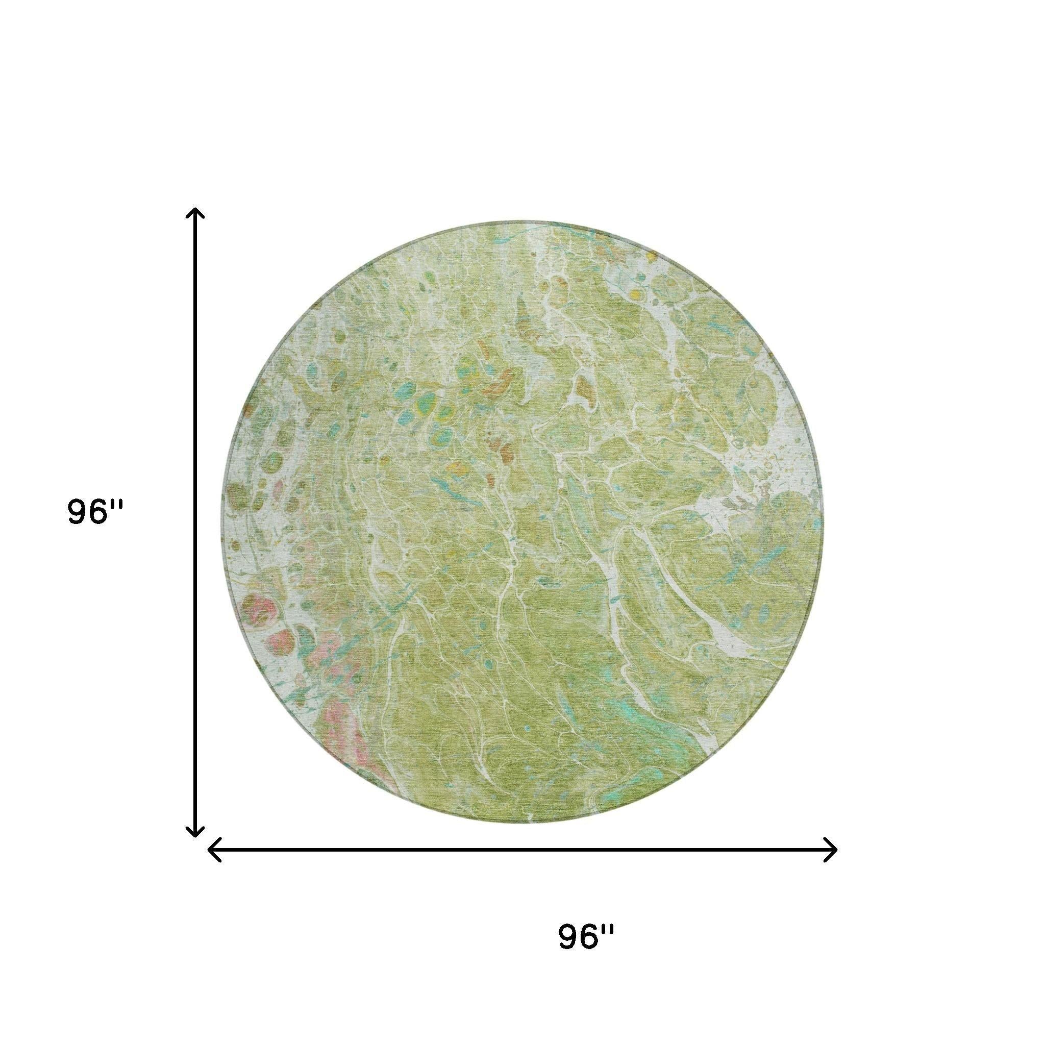 8' Green And Ivory Round Abstract Washable Indoor Outdoor Area Rug Homeroots Outdoor