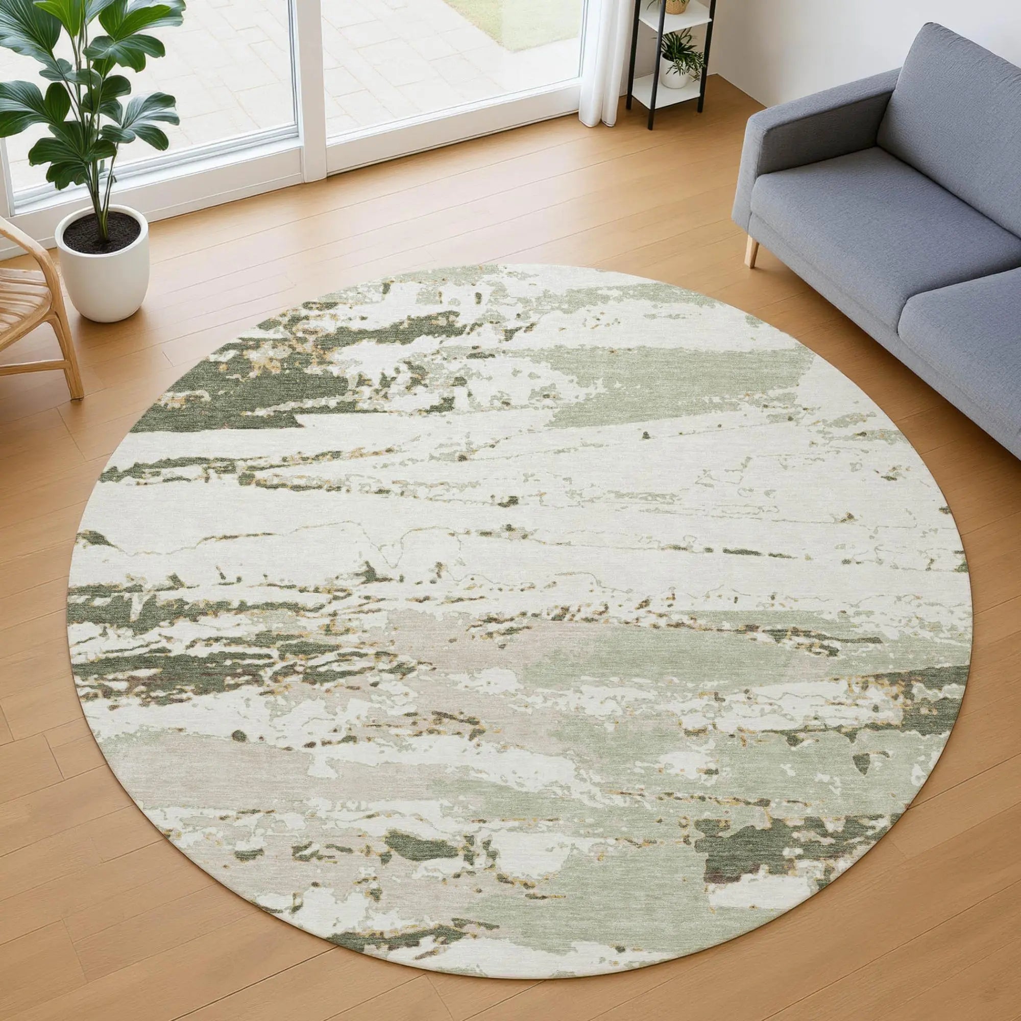 8' Green And Ivory Round Abstract Washable Indoor Outdoor Area Rug Homeroots Outdoor