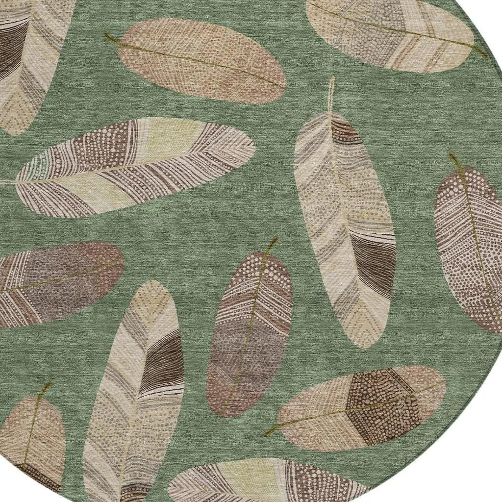8' Green And Ivory Round Botanical Leaves Washable Indoor Outdoor Area Rug Homeroots Outdoor