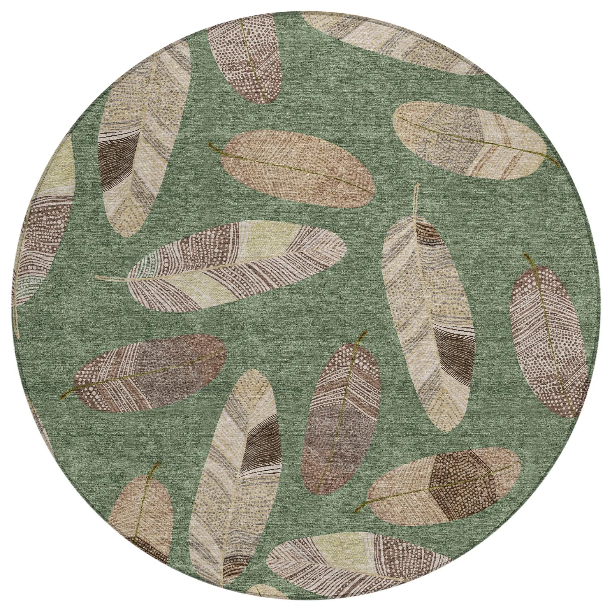 8' Green And Ivory Round Botanical Leaves Washable Indoor Outdoor Area Rug Homeroots Outdoor